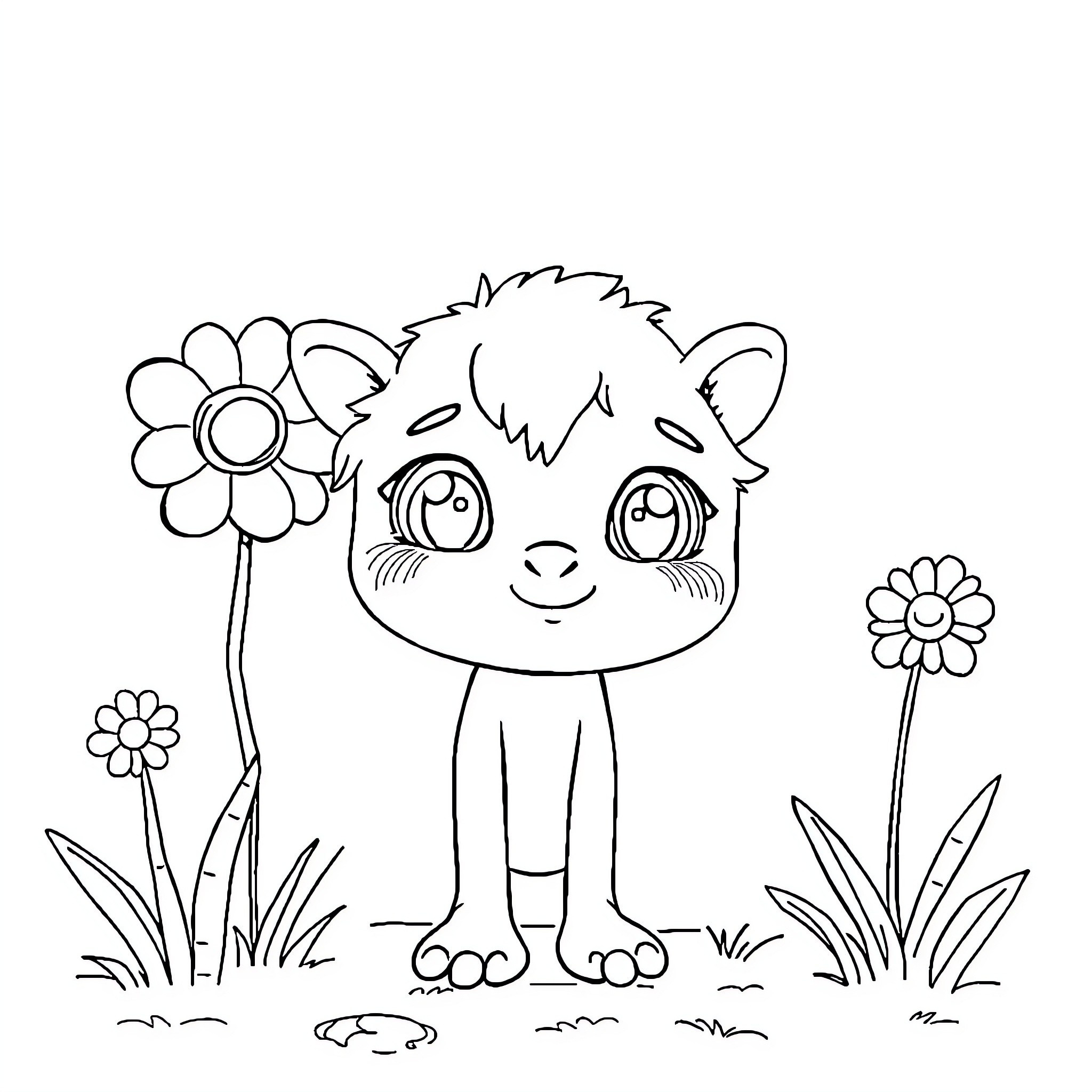 Cute animal with flowers in nature Coloring Page (free black-and-white line drawing printable PDF for all, from beginners to advanced learners, including children, teens, adults, and seniors)