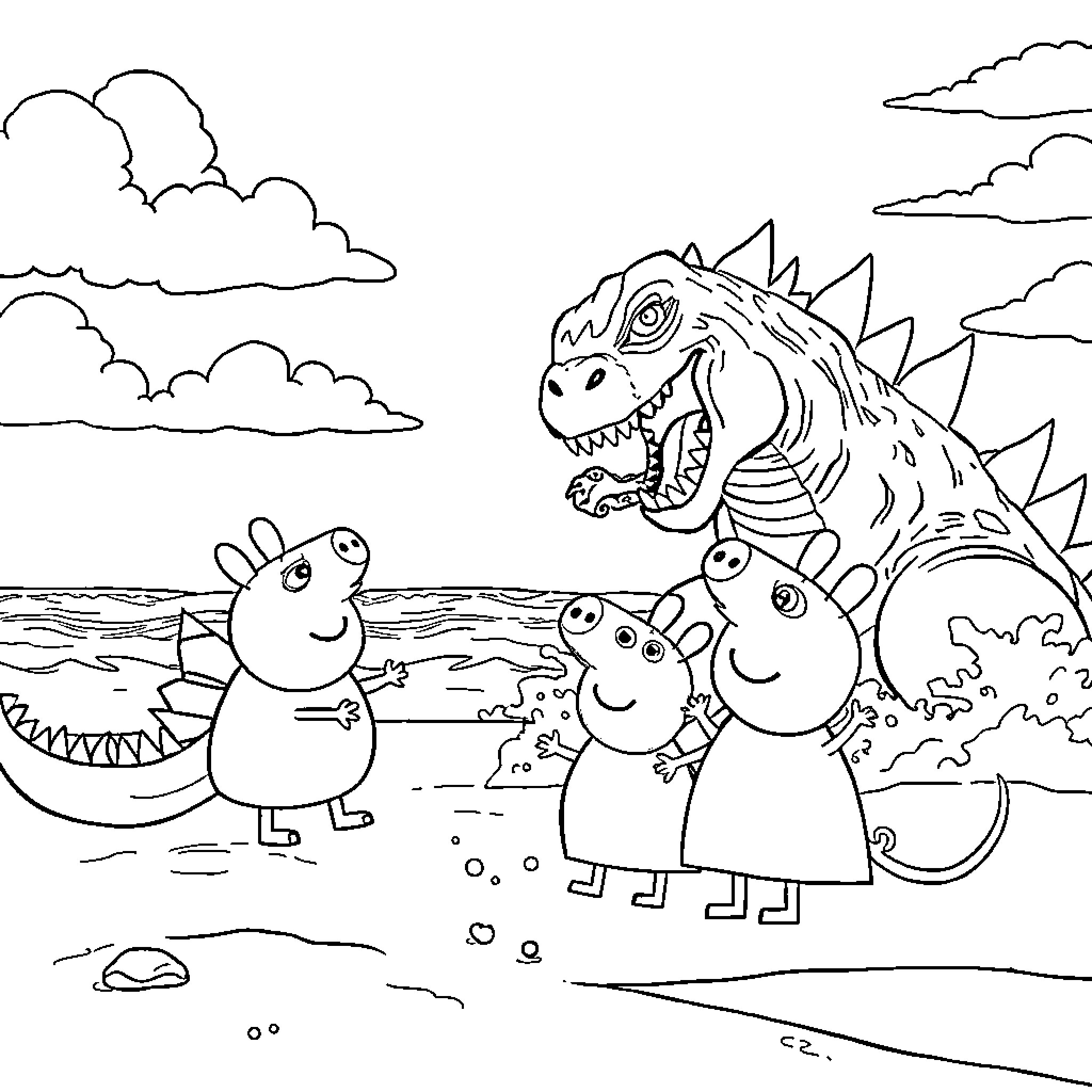 Godzilla chases Peppa Pig and her friends on the beach Coloring Page (free black-and-white line drawing printable PDF for all, from beginners to advanced learners, including children, teens, adults, and seniors)