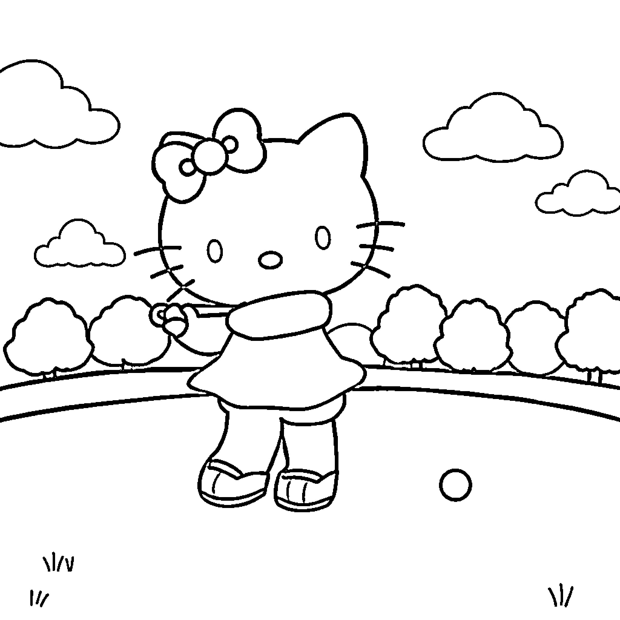 Hello Kitty enjoying a walk in nature Coloring Page (free black-and-white line drawing printable PDF for all, from beginners to advanced learners, including children, teens, adults, and seniors)