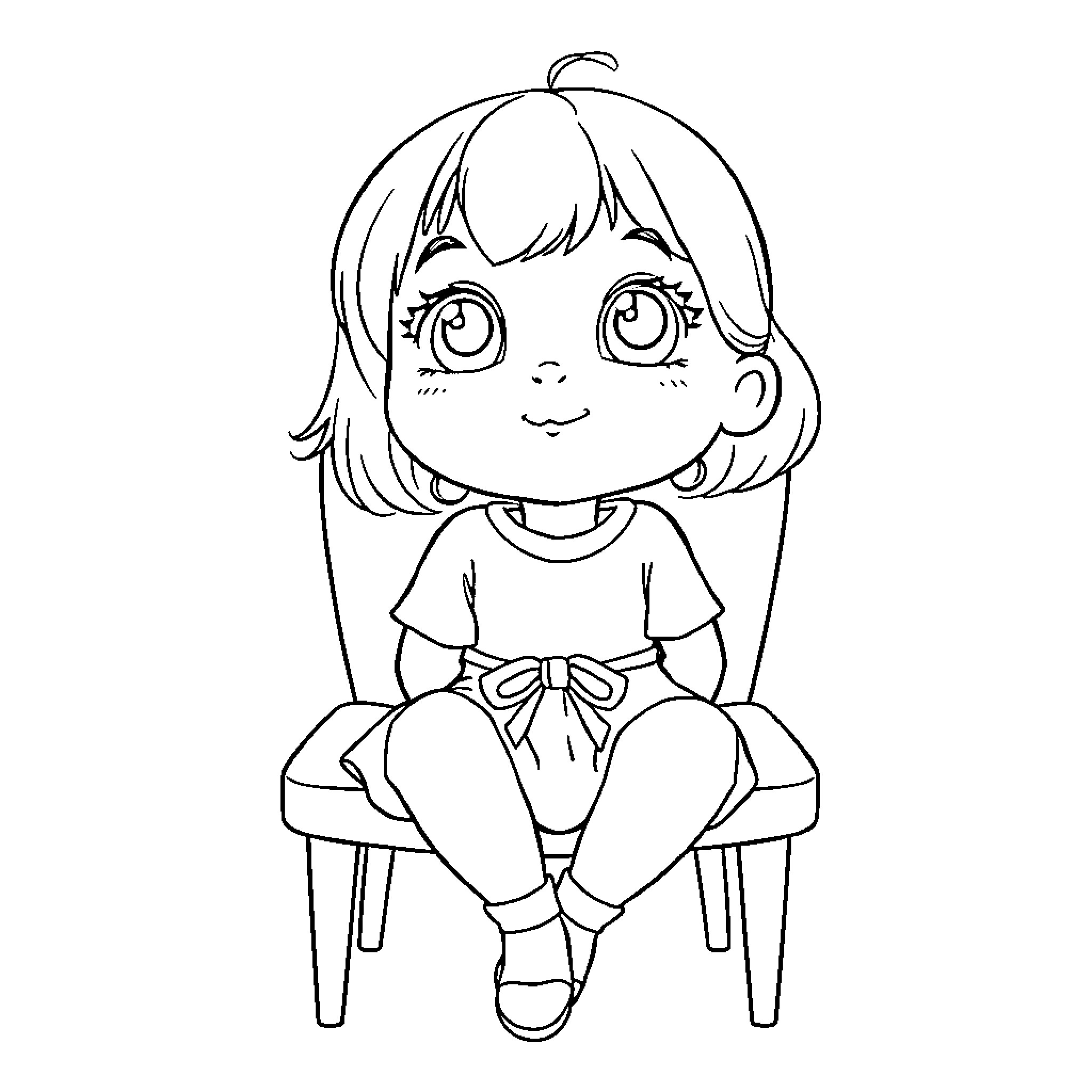 Girl sitting happily on a chair Coloring Page (free black-and-white line drawing printable PDF for all, from beginners to advanced learners, including children, teens, adults, and seniors)