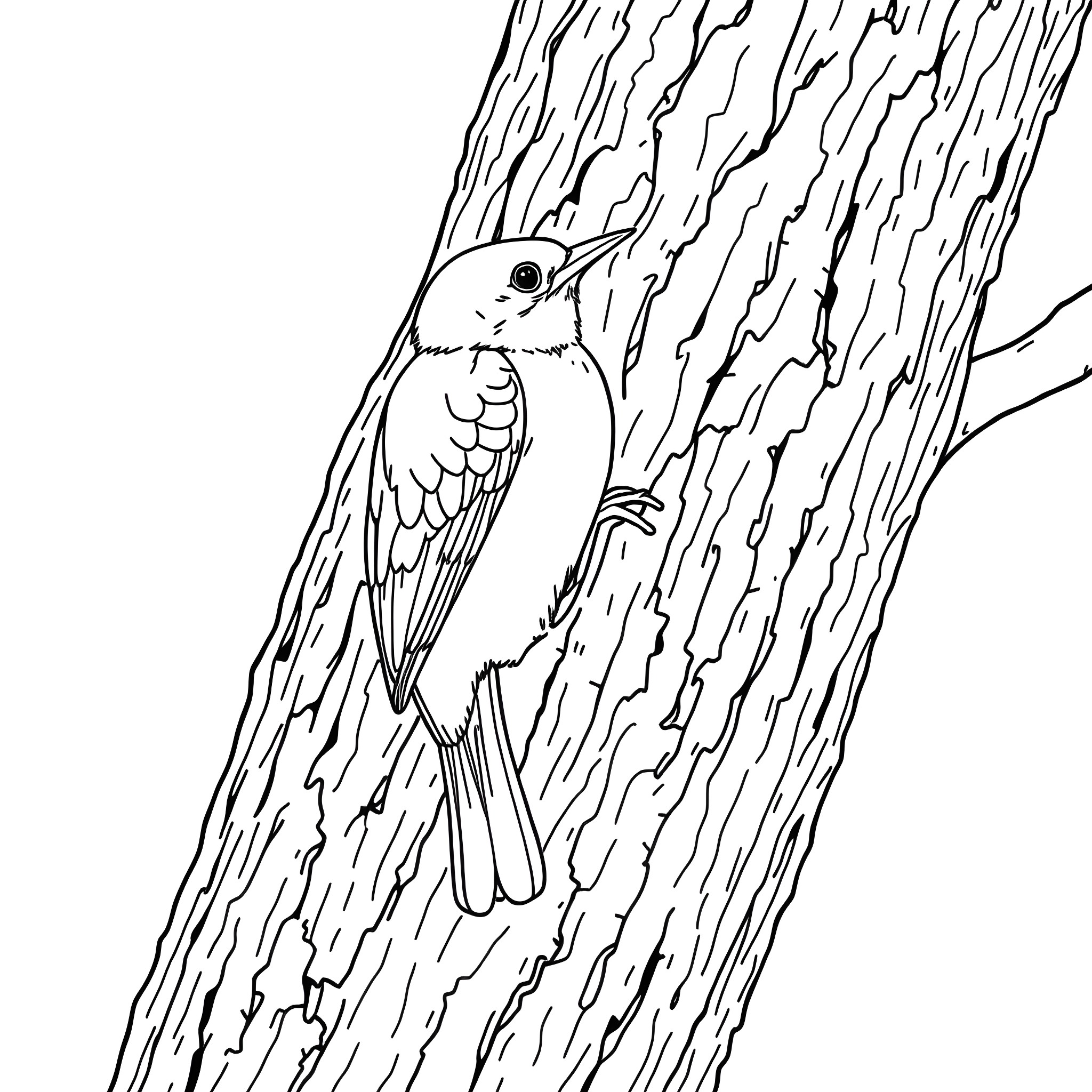 Honeycreeper perching on a tree trunk Coloring Page (free black-and-white line drawing printable PDF for all, from beginners to advanced learners, including children, teens, adults, and seniors)