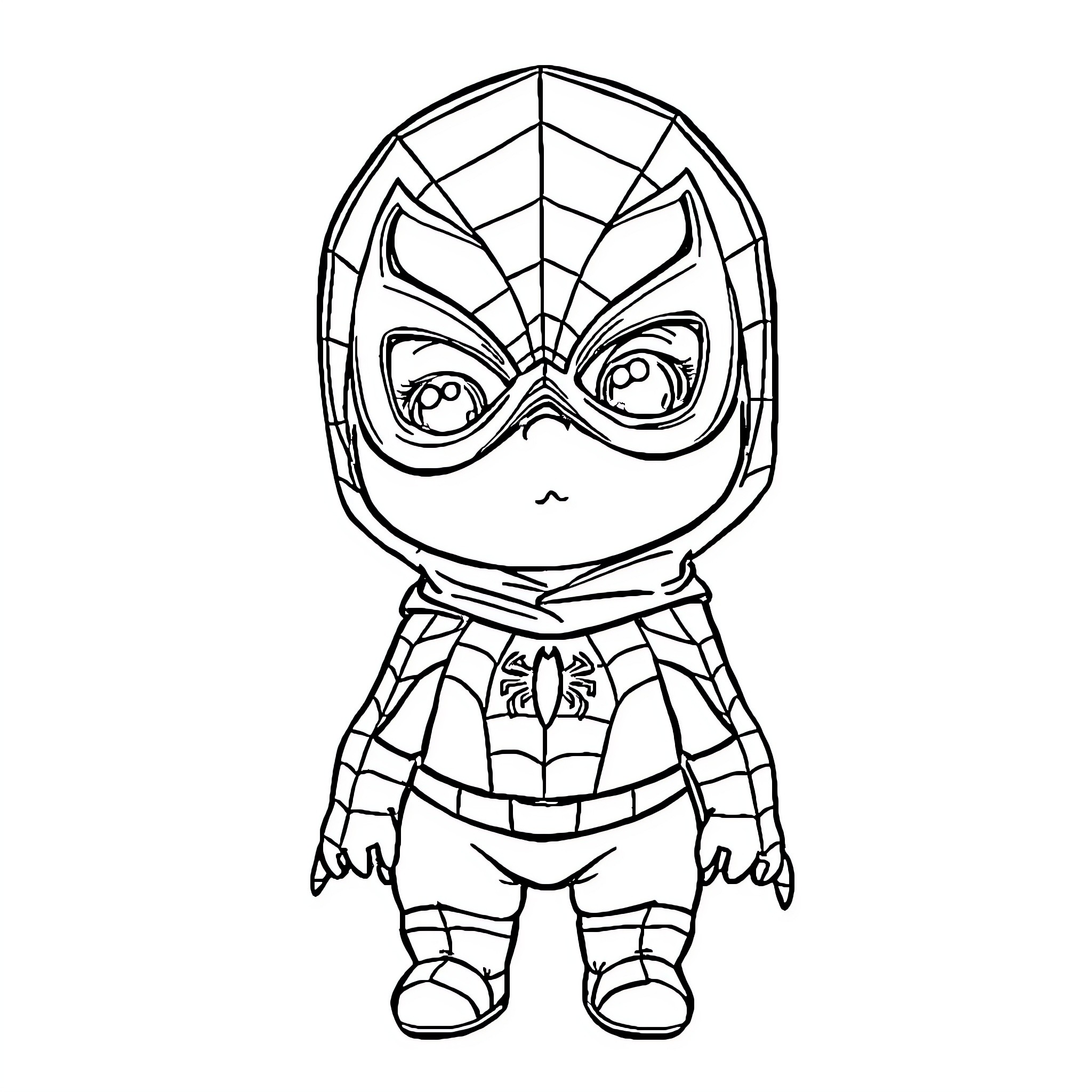 Spider-Man Chibi Hero with Distinctive Costume Coloring Page (free black-and-white line drawing printable PDF for all, from beginners to advanced learners, including children, teens, adults, and seniors)