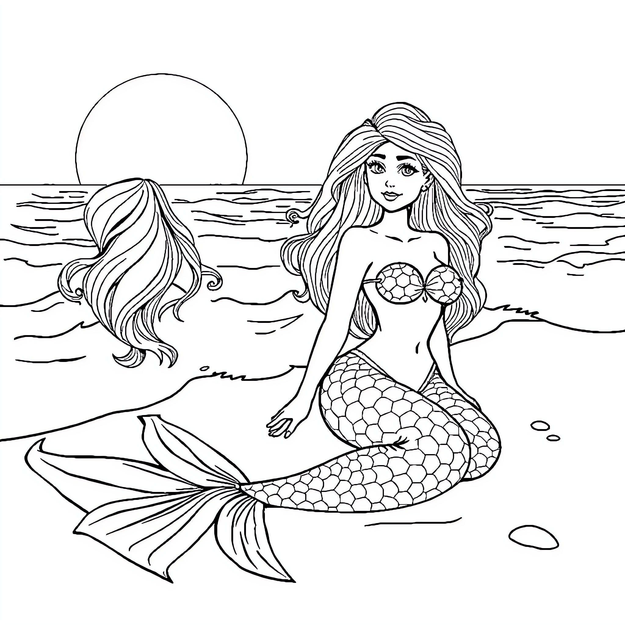 Mermaid lounging in the ocean at sunset Coloring Page (free black-and-white line drawing printable PDF for all, from beginners to advanced learners, including children, teens, adults, and seniors)