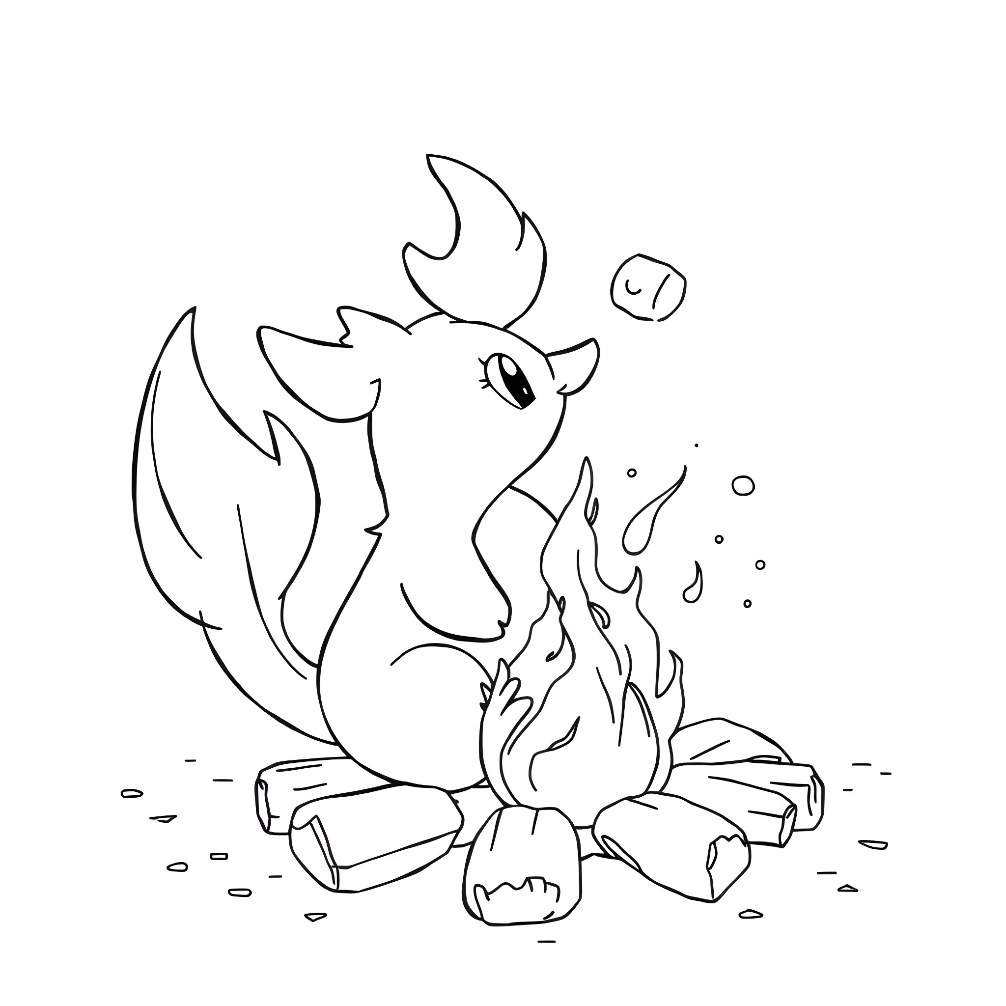 Cyndaquil warming itself by the fire Coloring Page (free black-and-white line drawing printable PDF for all, from beginners to advanced learners, including children, teens, adults, and seniors)