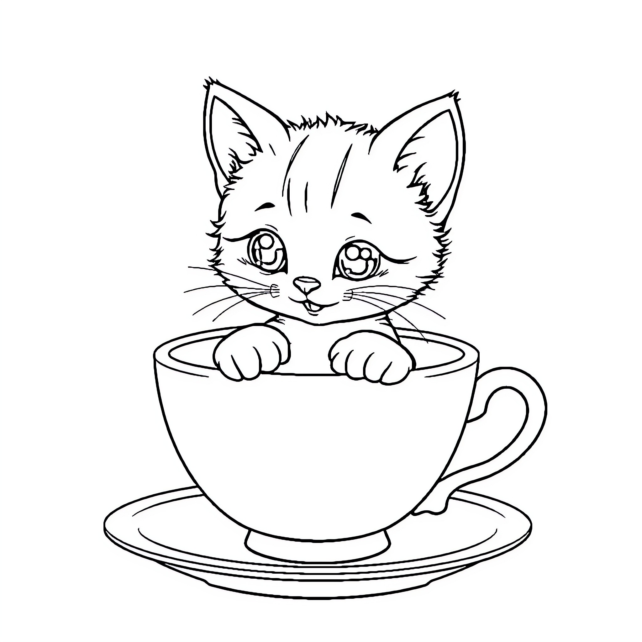 Kitten peeking out from a teacup Coloring Page (free black-and-white line drawing printable PDF for all, from beginners to advanced learners, including children, teens, adults, and seniors)