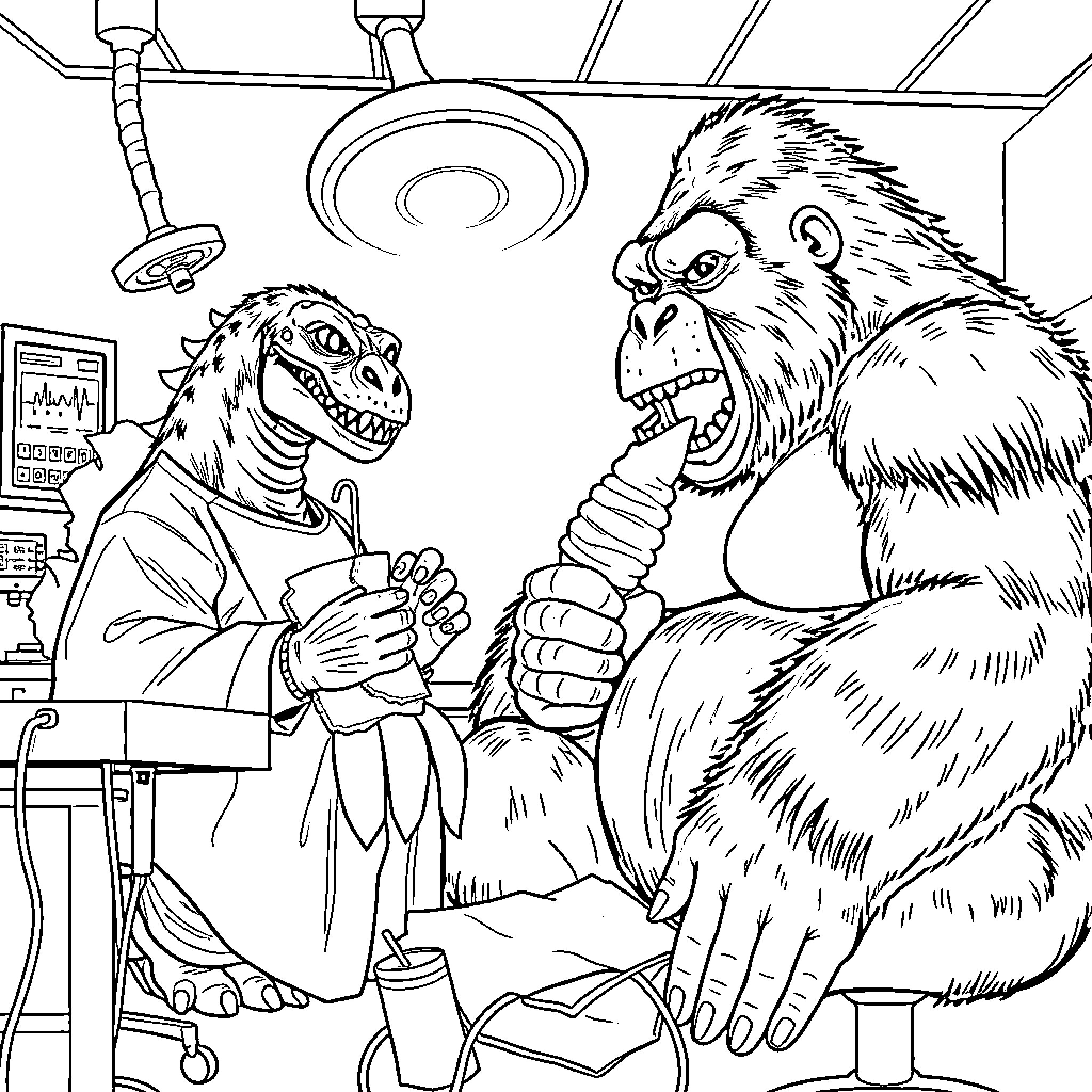 Godzilla Confronting a Giant Gorilla in a Medical Setting Coloring Page (free black-and-white line drawing printable PDF for all, from beginners to advanced learners, including children, teens, adults, and seniors)