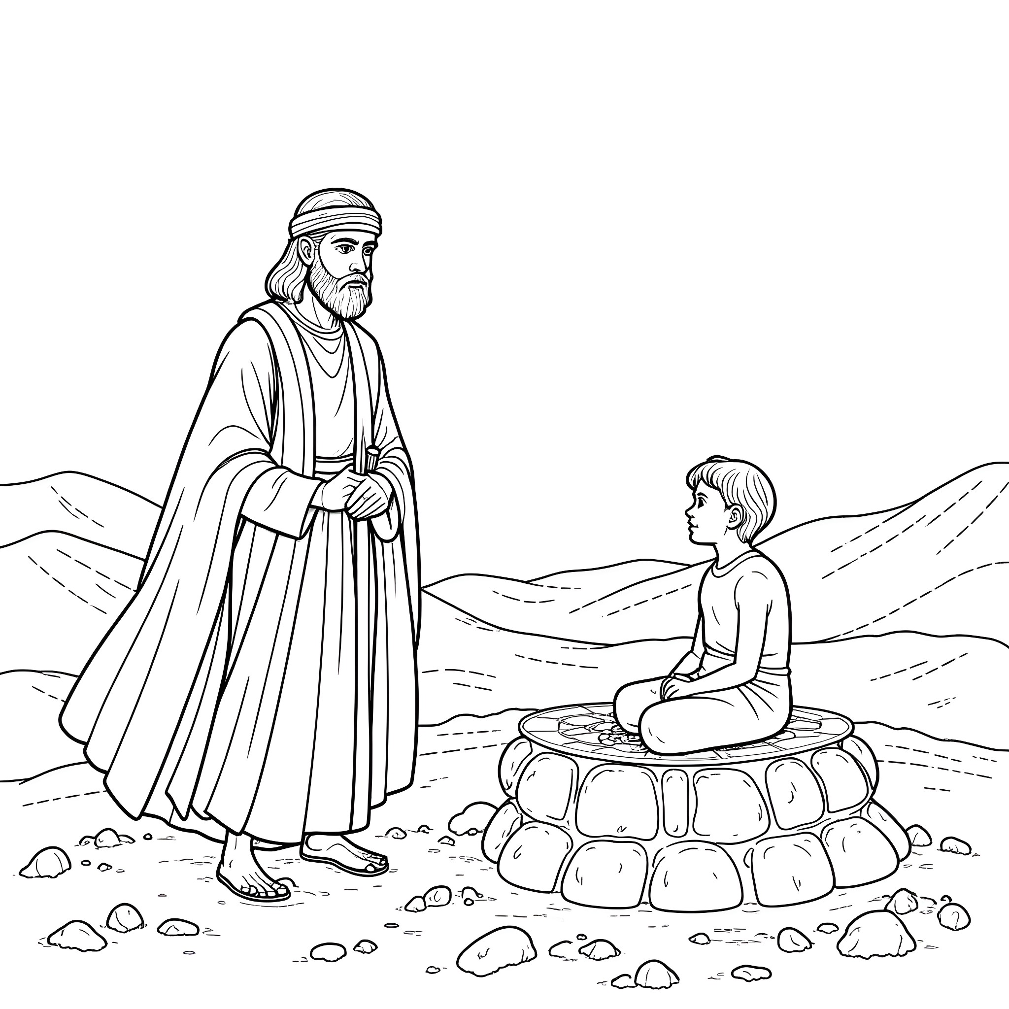 Abraham teaching a young disciple in the wilderness Coloring Page (free black-and-white line drawing printable PDF for all, from beginners to advanced learners, including children, teens, adults, and seniors)