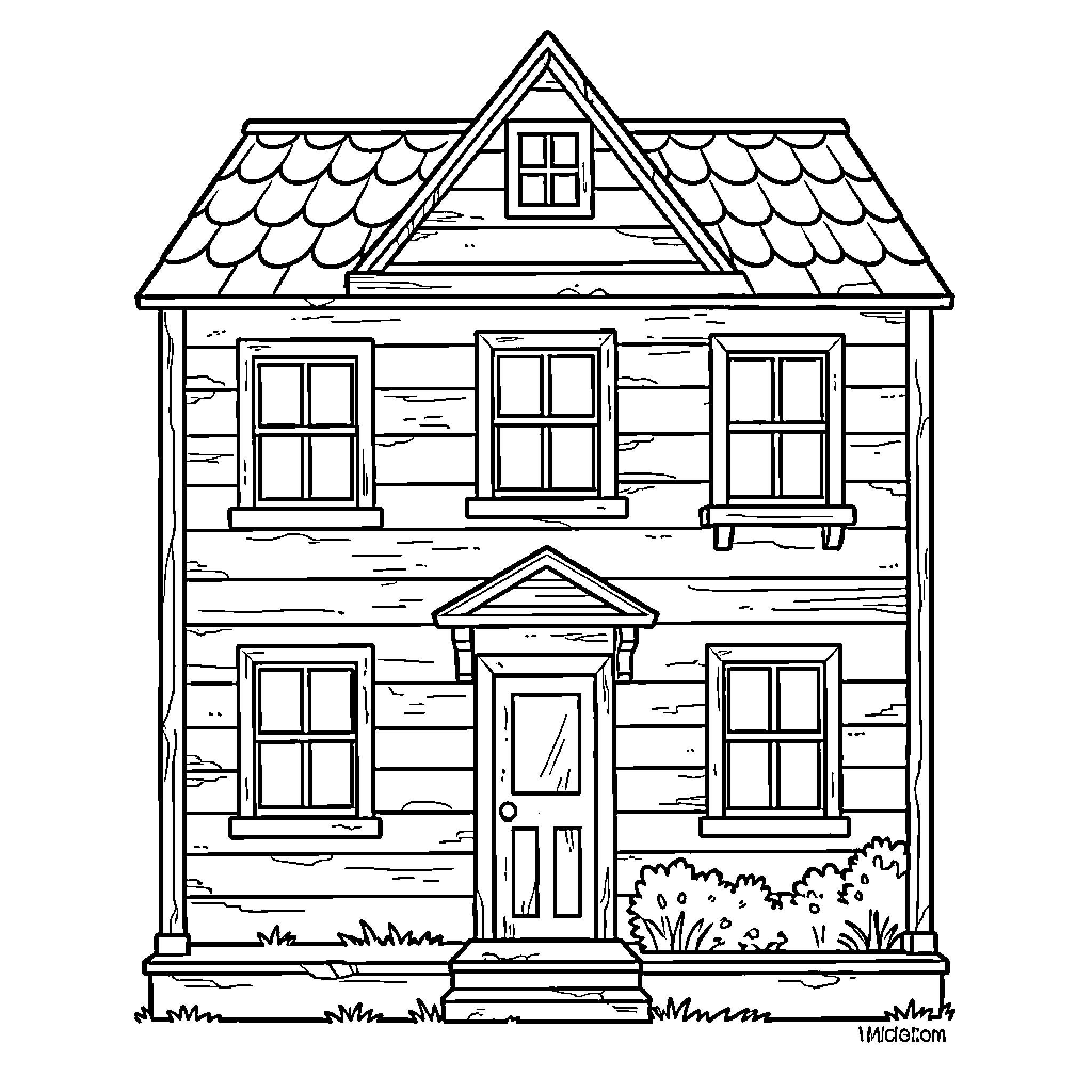 Dollhouse depicting a two-story wooden home with windows Coloring Page (free black-and-white line drawing printable PDF for all, from beginners to advanced learners, including children, teens, adults, and seniors)