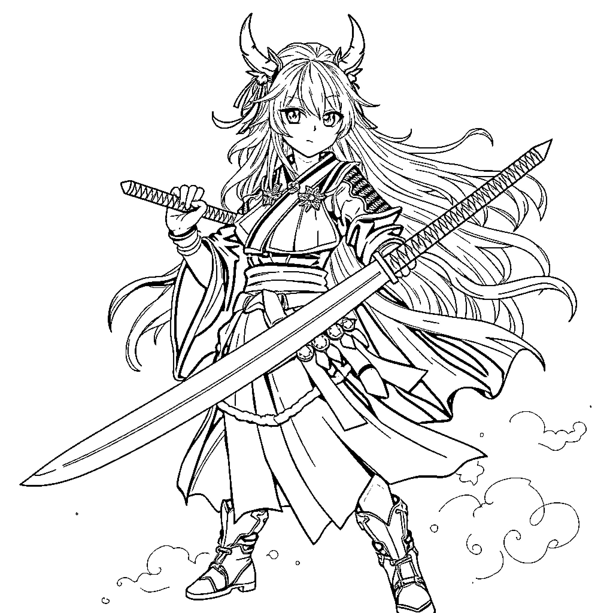 Mitsuri's Warrior Spirit: Wielding Blades with Determination Coloring Page (free black-and-white line drawing printable PDF for all, from beginners to advanced learners, including children, teens, adults, and seniors)