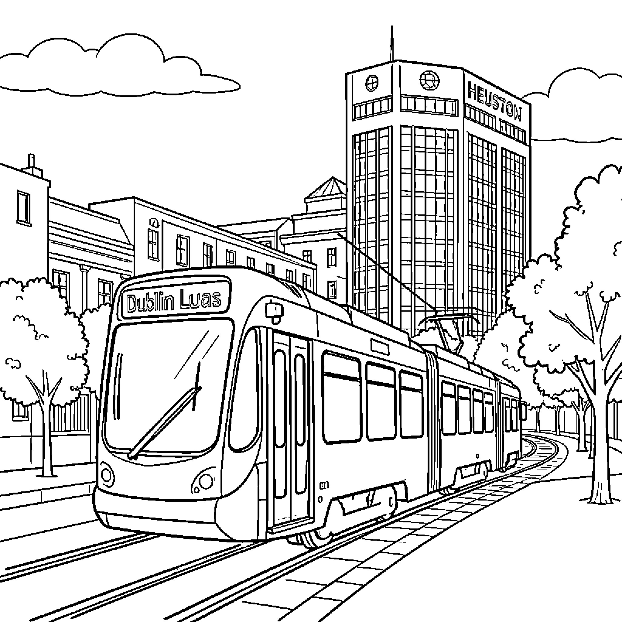 Luas tram traveling through a city street Coloring Page (free black-and-white line drawing printable PDF for all, from beginners to advanced learners, including children, teens, adults, and seniors)