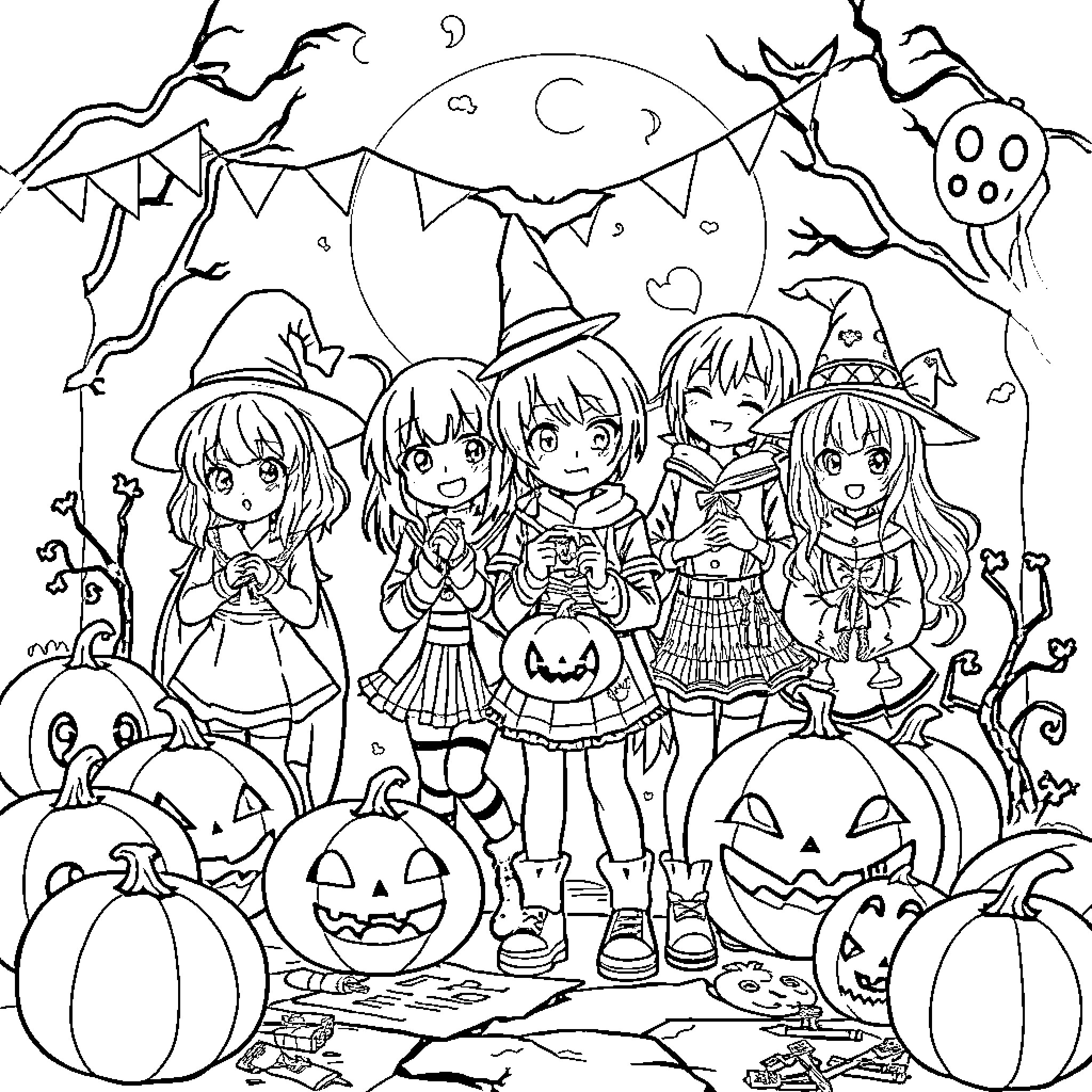 Halloween Celebration with Anime Characters Coloring Page (free black-and-white line drawing printable PDF for all, from beginners to advanced learners, including children, teens, adults, and seniors)