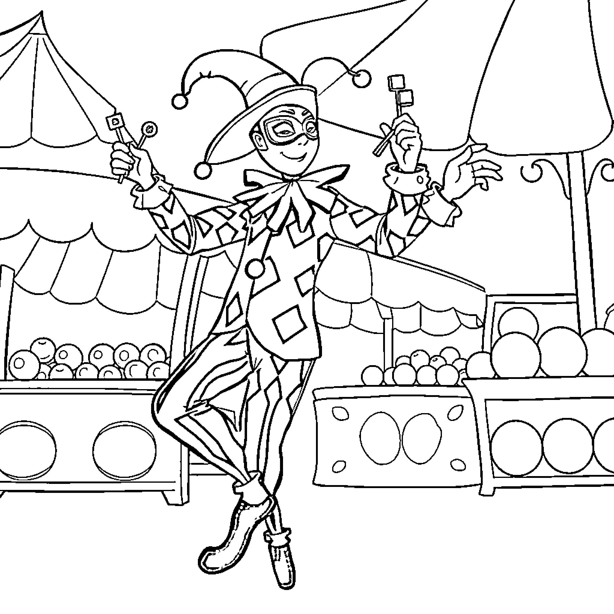 Arlequin performing at the carnival Coloring Page (free black-and-white line drawing printable PDF for all, from beginners to advanced learners, including children, teens, adults, and seniors)