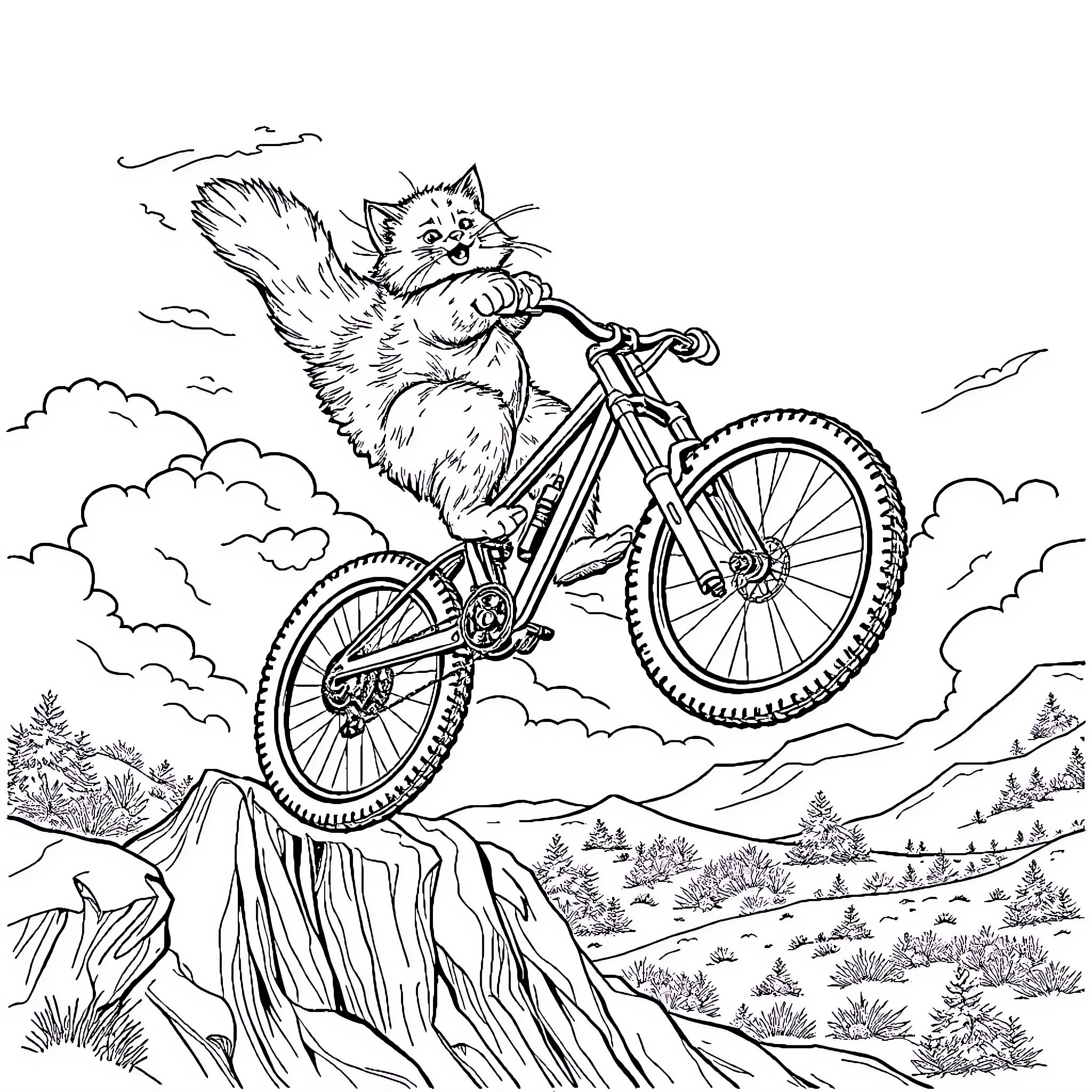 Ragdoll Cat riding a bicycle on a mountain trail Coloring Page (free black-and-white line drawing printable PDF for all, from beginners to advanced learners, including children, teens, adults, and seniors)