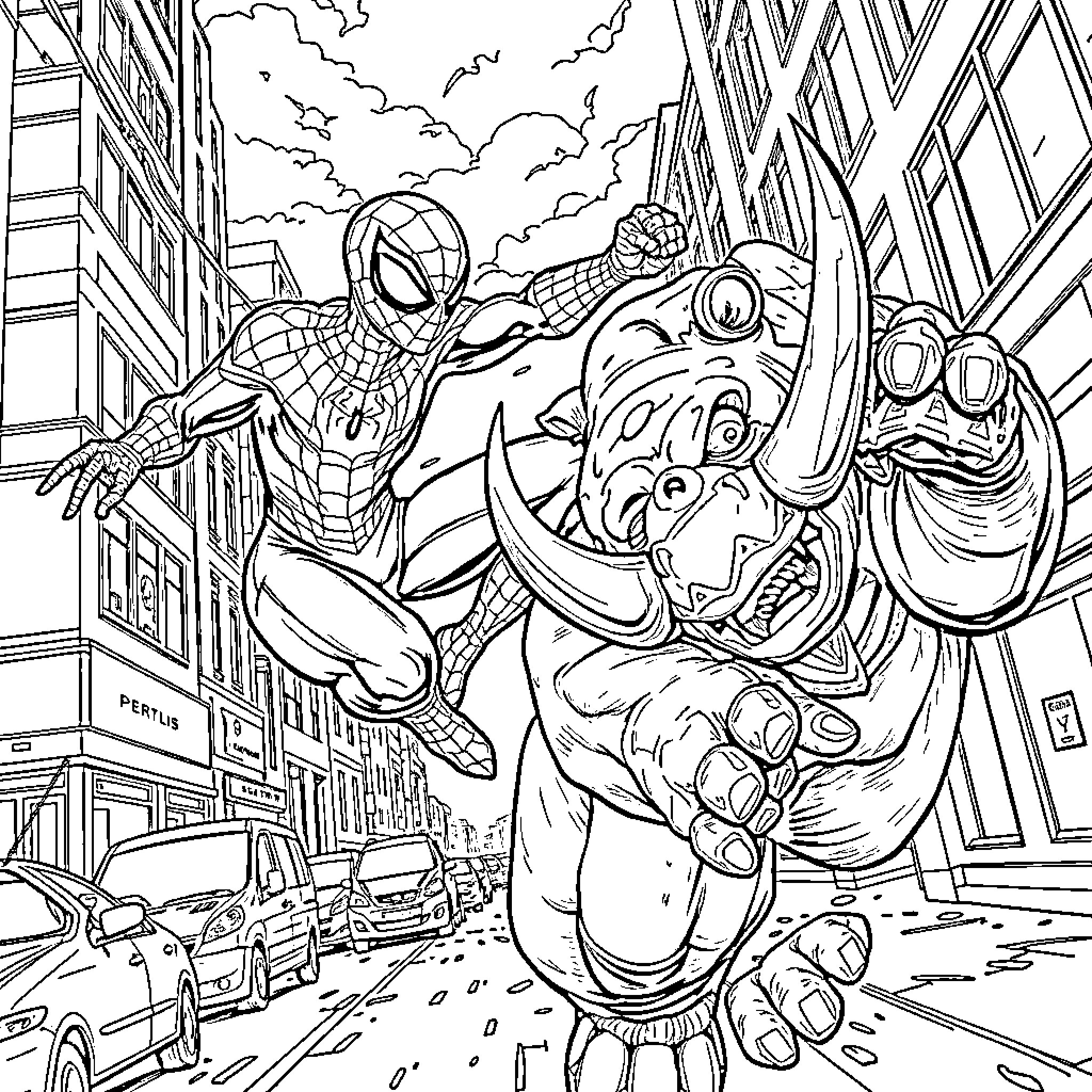 Spiderman battling giant alien creature in the city Coloring Page (free black-and-white line drawing printable PDF for all, from beginners to advanced learners, including children, teens, adults, and seniors)