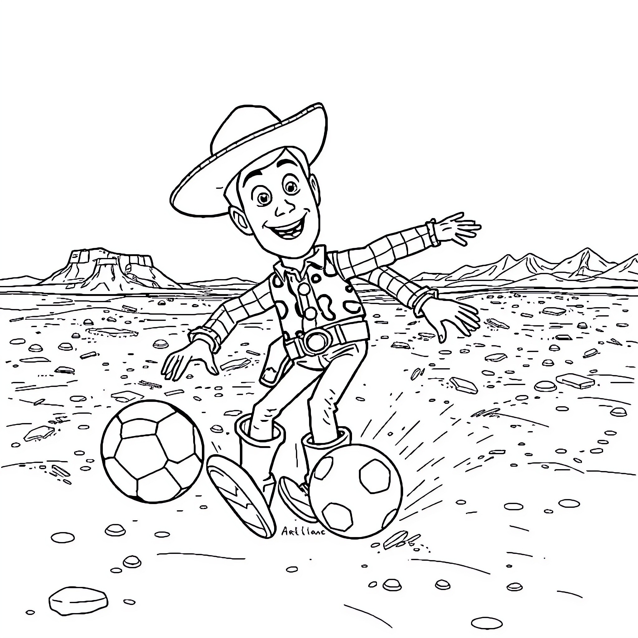 Woody enjoying a friendly soccer game in the desert Coloring Page (free black-and-white line drawing printable PDF for all, from beginners to advanced learners, including children, teens, adults, and seniors)