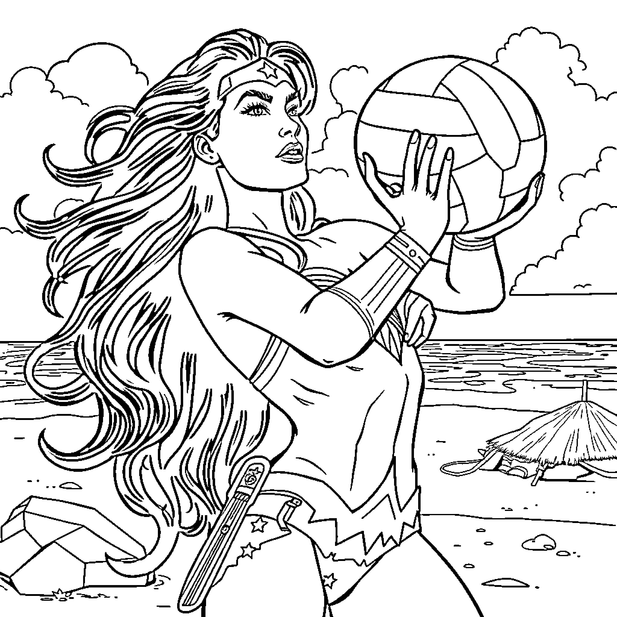 Wonder Woman Heroically Wielding a Volleyball on the Beach Coloring Page (free black-and-white line drawing printable PDF for all, from beginners to advanced learners, including children, teens, adults, and seniors)
