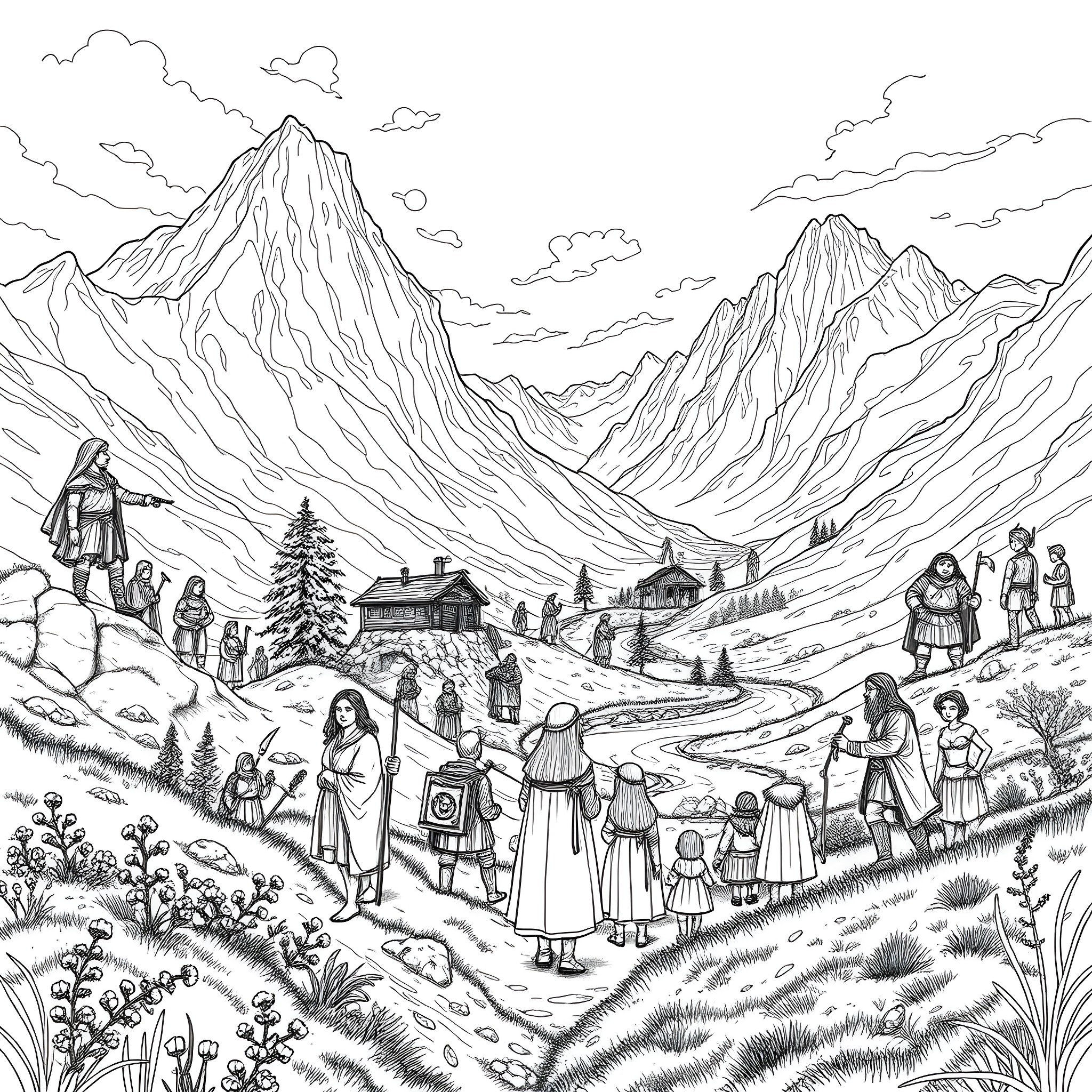 Lord of the Rings journey through the mountainous landscape Coloring Page (free black-and-white line drawing printable PDF for all, from beginners to advanced learners, including children, teens, adults, and seniors)