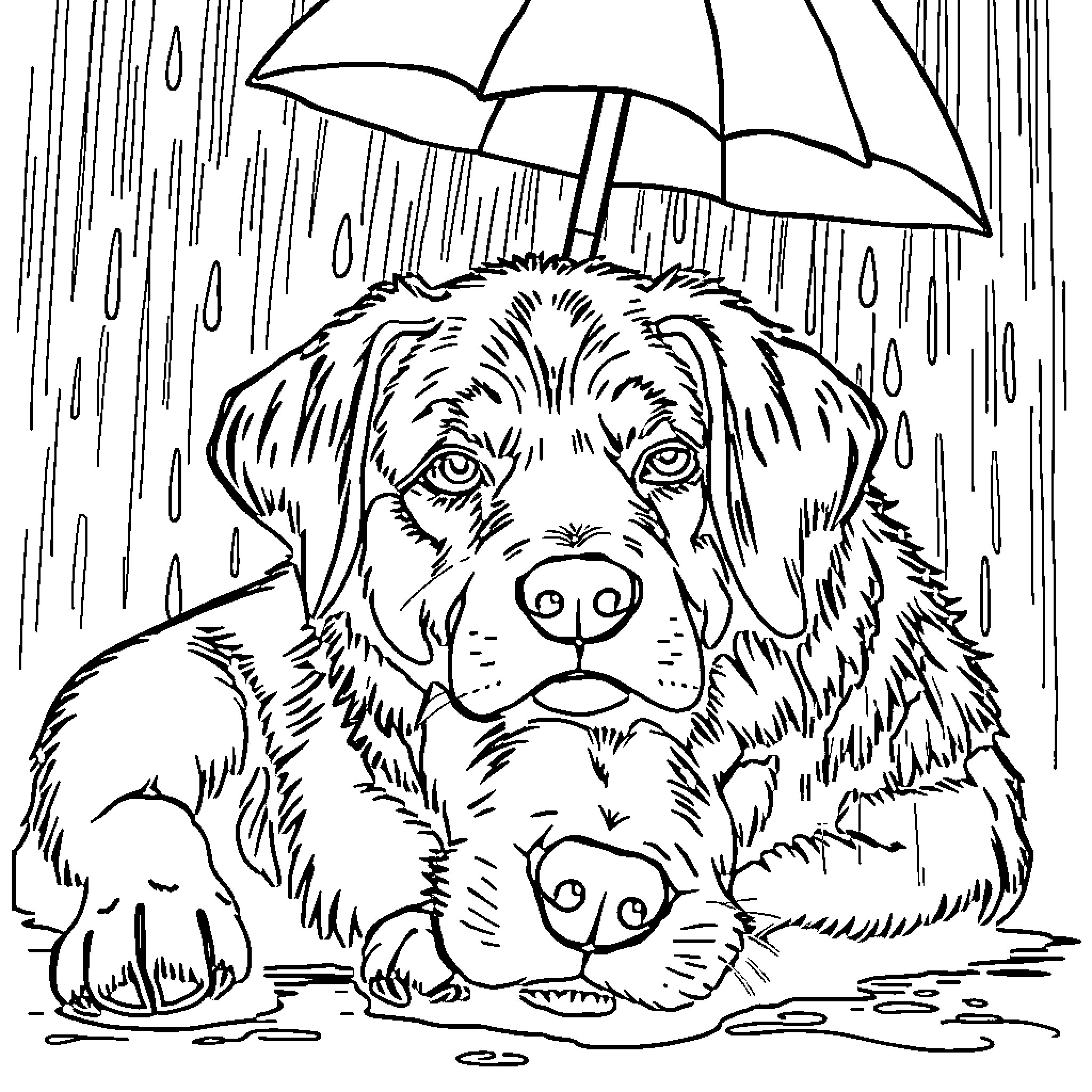 Dog sheltering from the rain with umbrella Coloring Page (free black-and-white line drawing printable PDF for all, from beginners to advanced learners, including children, teens, adults, and seniors)