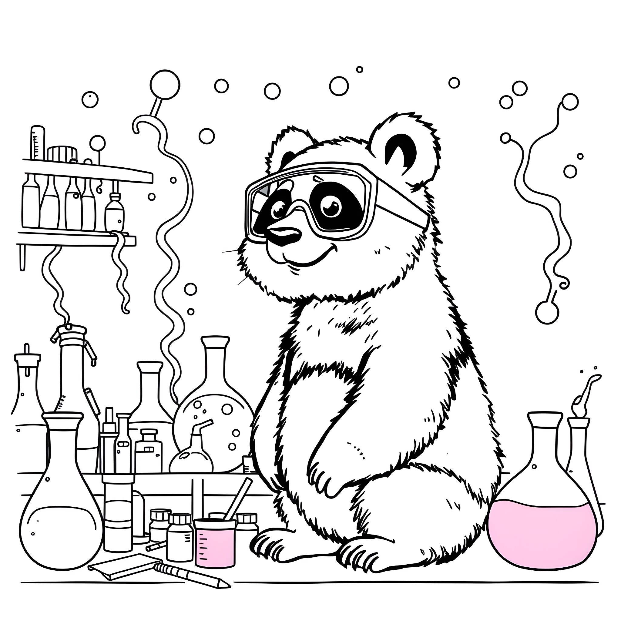 Panda Scientist in the Lab Coloring Page (free black-and-white line drawing printable PDF for all, from beginners to advanced learners, including children, teens, adults, and seniors)