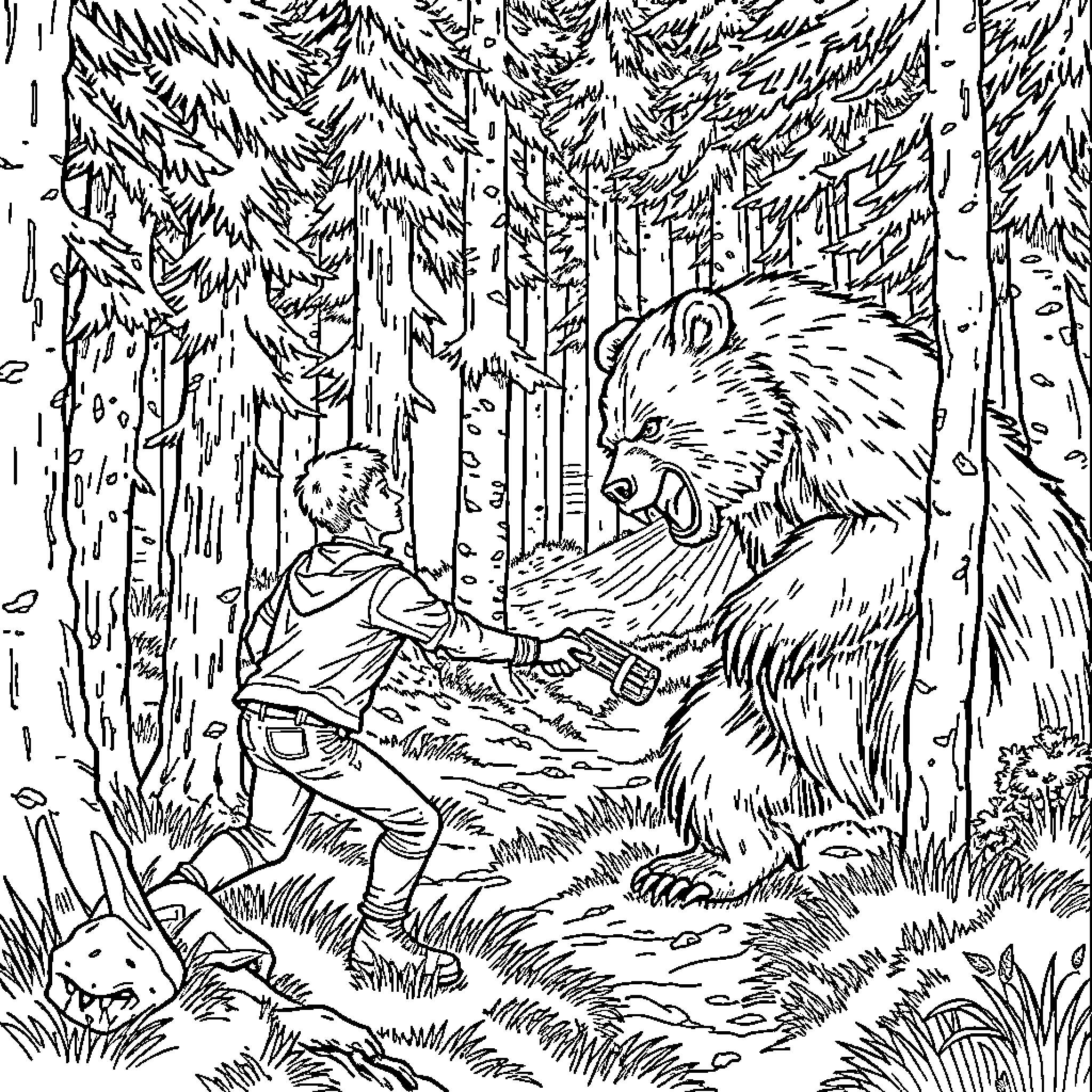 Guy encounters a large bear in the dense forest Coloring Page (free black-and-white line drawing printable PDF for all, from beginners to advanced learners, including children, teens, adults, and seniors)