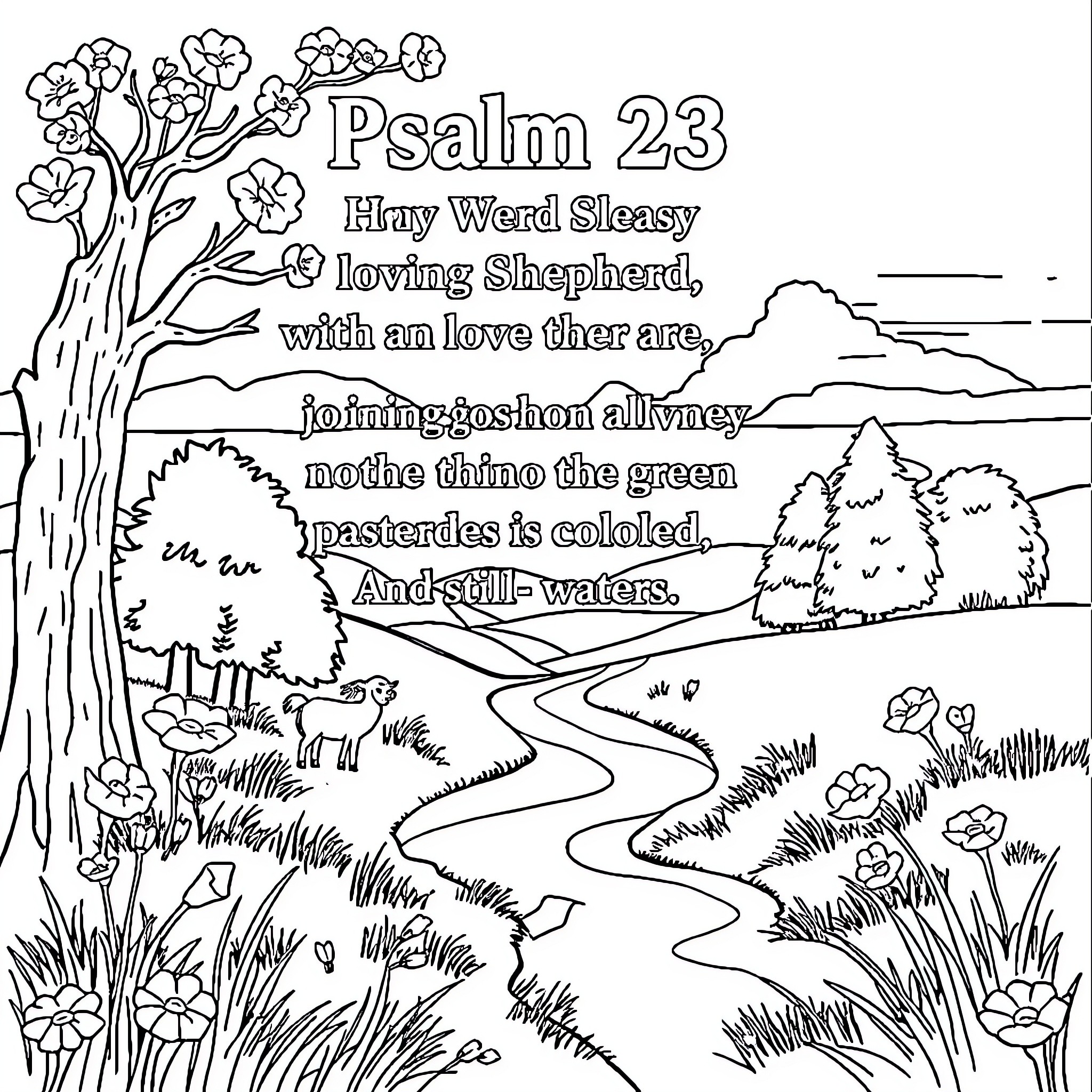 Psalm 23: Peaceful Pastures and Tranquil Waters Coloring Page (free black-and-white line drawing printable PDF for all, from beginners to advanced learners, including children, teens, adults, and seniors)