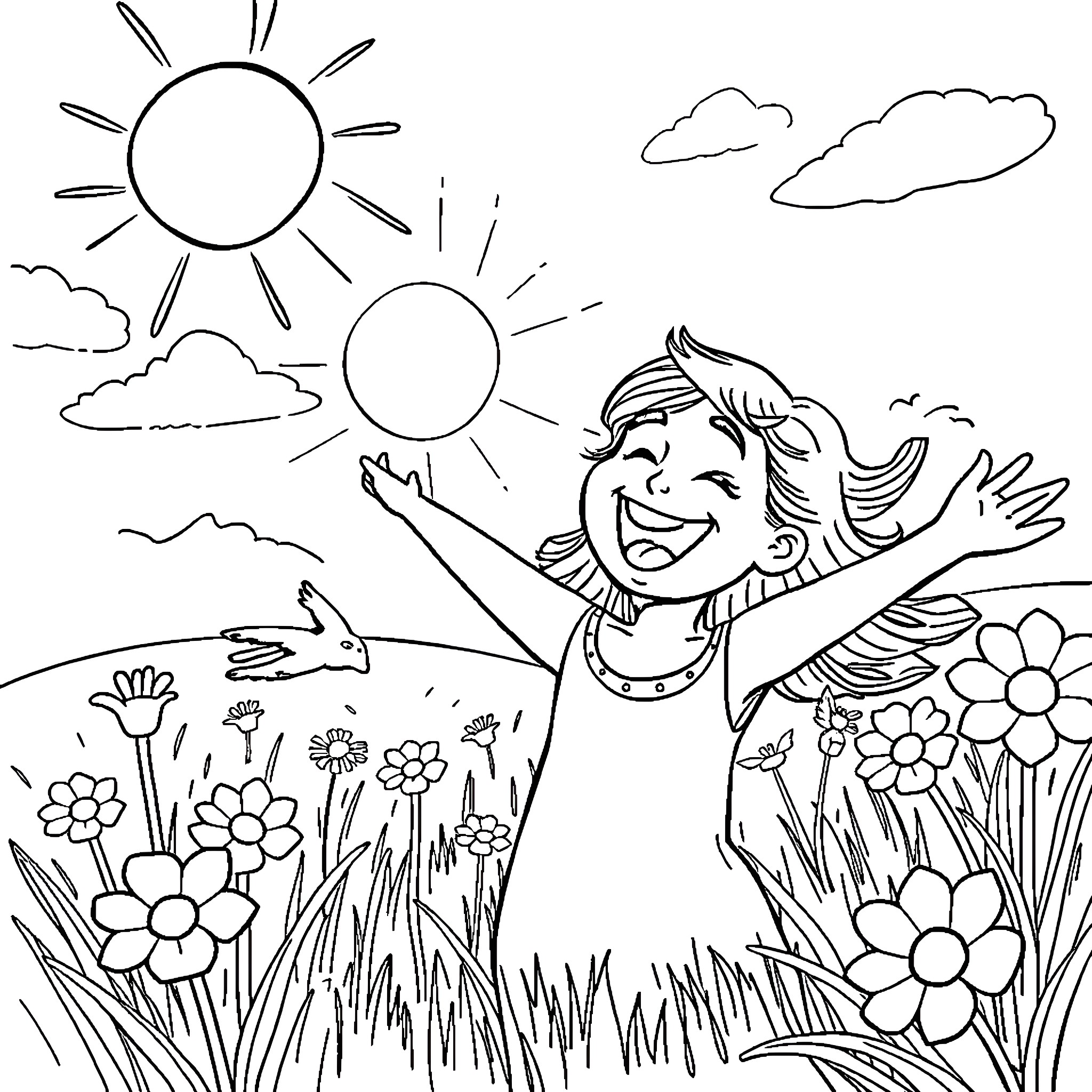 Joy of a carefree child in nature Coloring Page (free black-and-white line drawing printable PDF for all, from beginners to advanced learners, including children, teens, adults, and seniors)