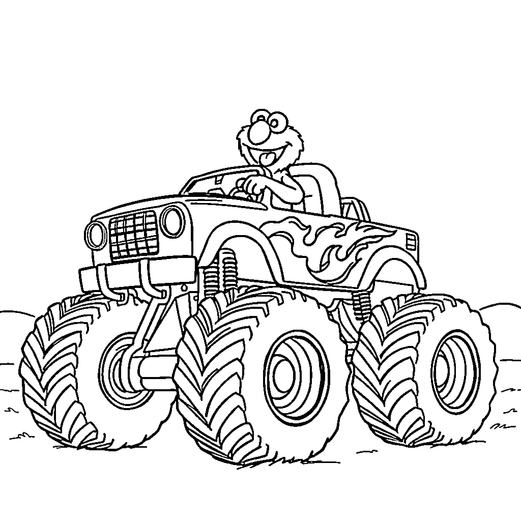 Elmo driving a monster truck with excitement Coloring Page (free black-and-white line drawing printable PDF for all, from beginners to advanced learners, including children, teens, adults, and seniors)