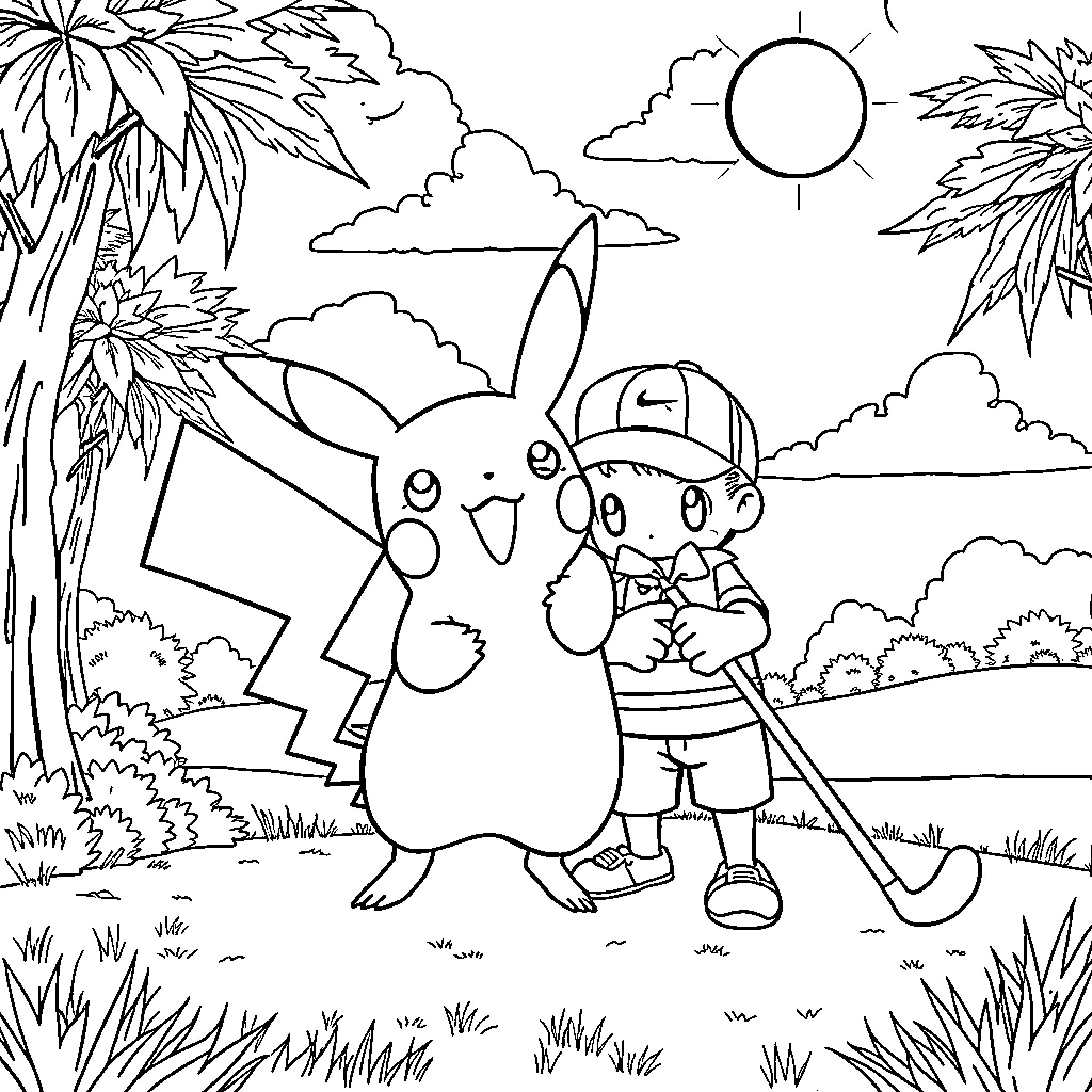 Pikachu enjoying the sunny day with a trainer Coloring Page (free black-and-white line drawing printable PDF for all, from beginners to advanced learners, including children, teens, adults, and seniors)