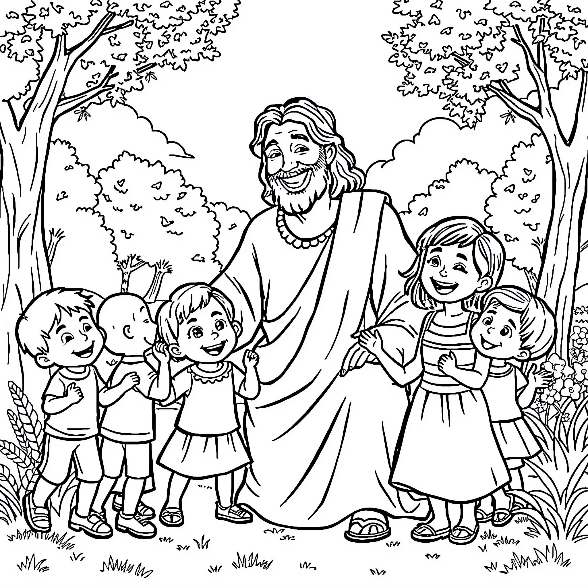 Jesus embracing and blessing joyful children in the garden Coloring Page (free black-and-white line drawing printable PDF for all, from beginners to advanced learners, including children, teens, adults, and seniors)