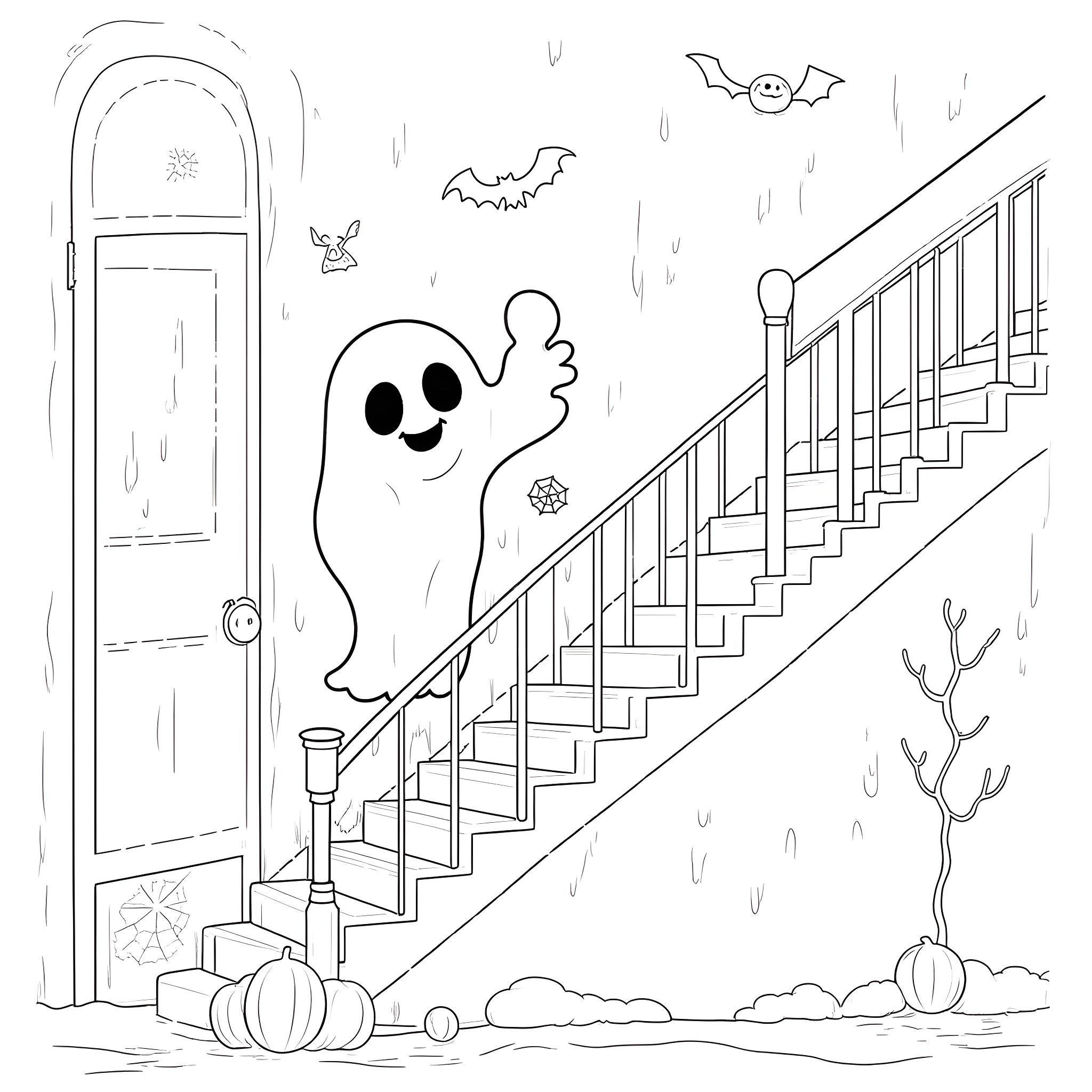 Pumpkin ghosts and bats in a spooky stairwell Coloring Page (free black-and-white line drawing printable PDF for all, from beginners to advanced learners, including children, teens, adults, and seniors)