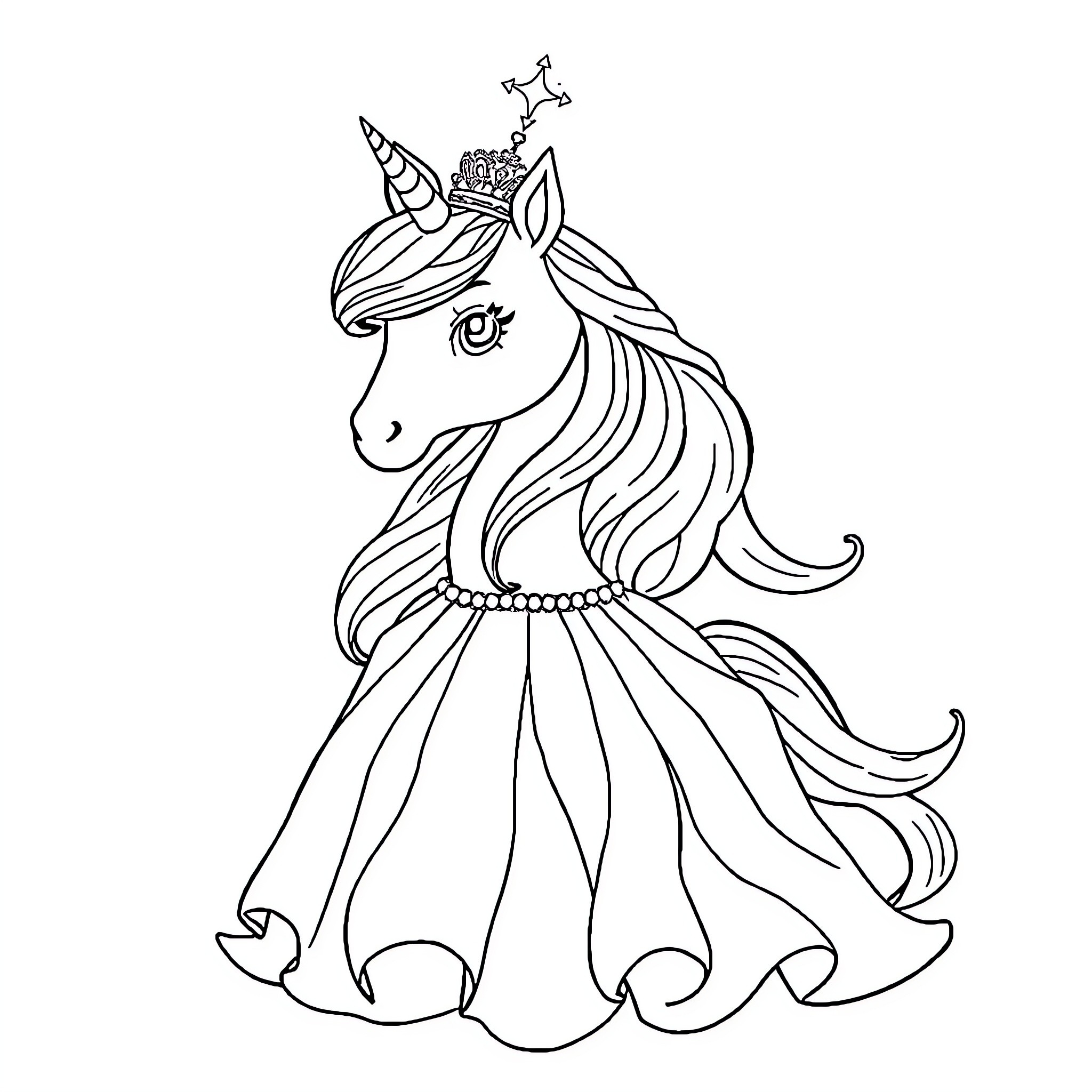 Unicorn dressed in an elegant gown Coloring Page (free black-and-white line drawing printable PDF for all, from beginners to advanced learners, including children, teens, adults, and seniors)