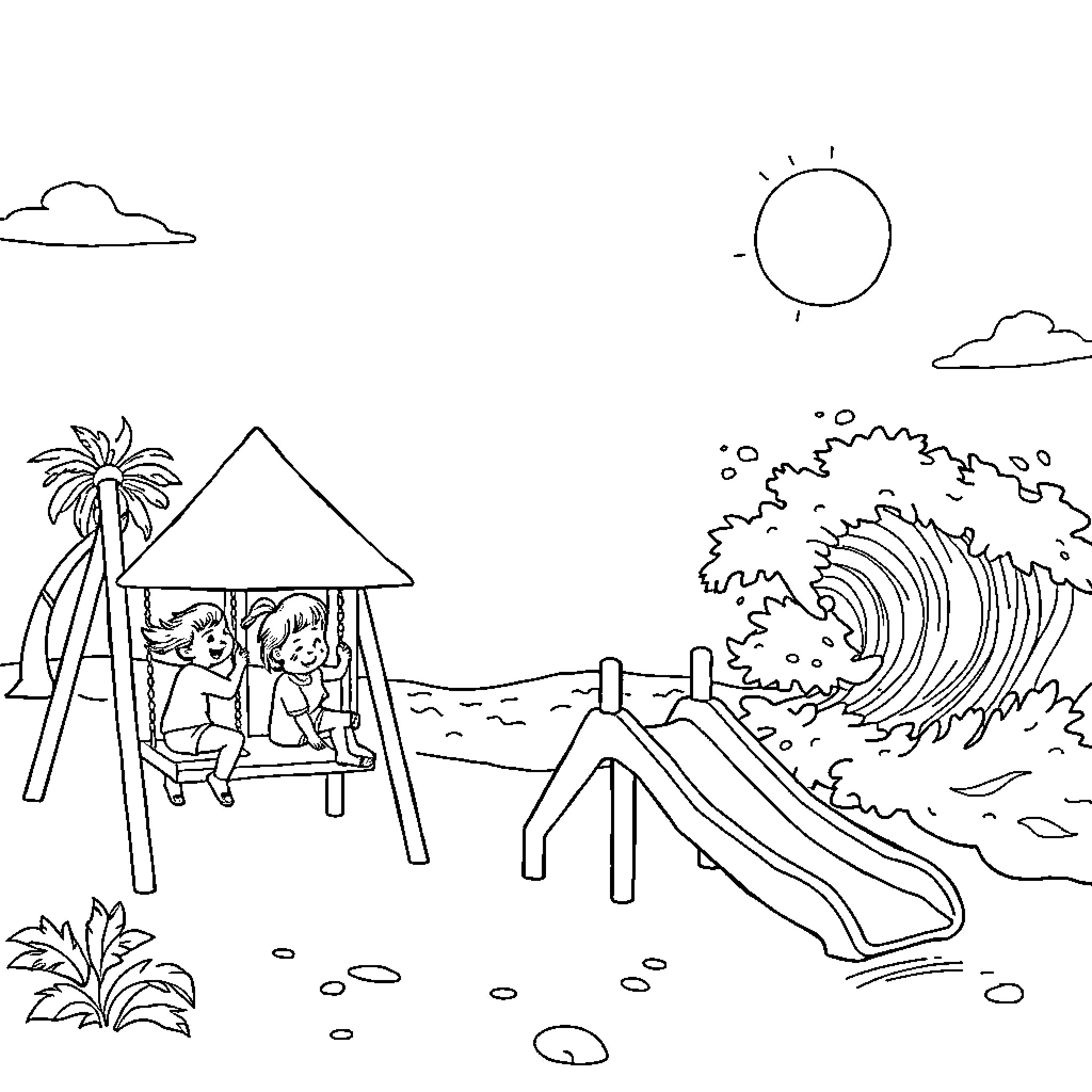 Kid's Fun Day at the Beach Coloring Page (free black-and-white line drawing printable PDF for all, from beginners to advanced learners, including children, teens, adults, and seniors)