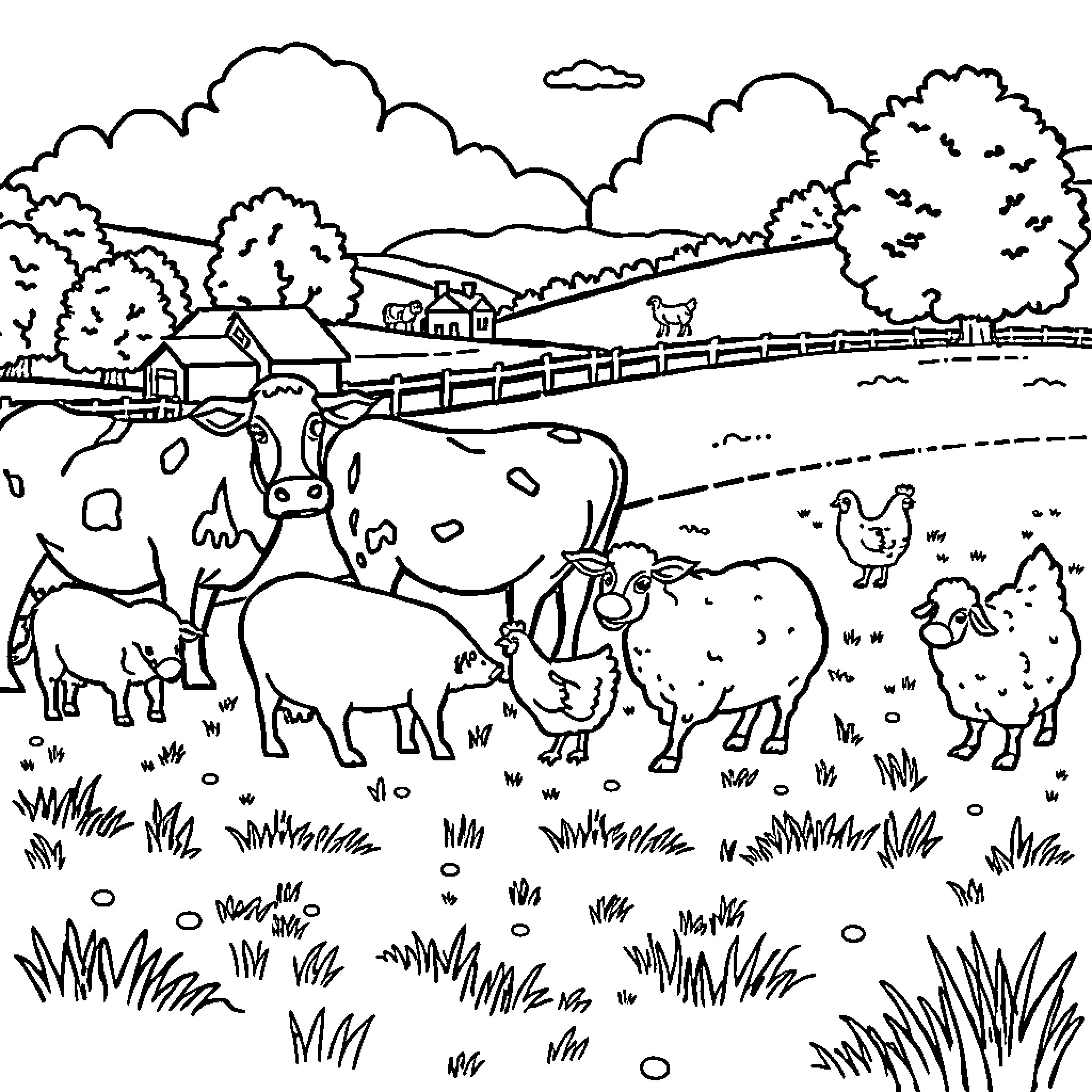 Animal farm scene with grazing livestock Coloring Page (free black-and-white line drawing printable PDF for all, from beginners to advanced learners, including children, teens, adults, and seniors)