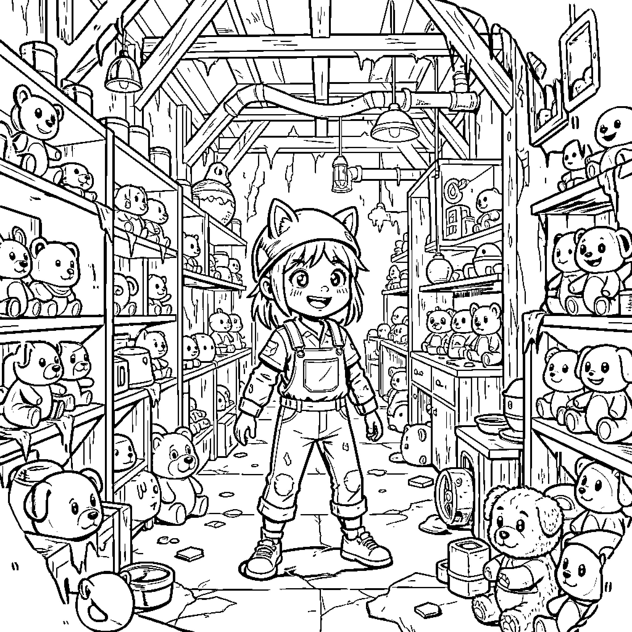 Harley Soyers' Whimsical Toy Shop Adventure Coloring Page (free black-and-white line drawing printable PDF for all, from beginners to advanced learners, including children, teens, adults, and seniors)