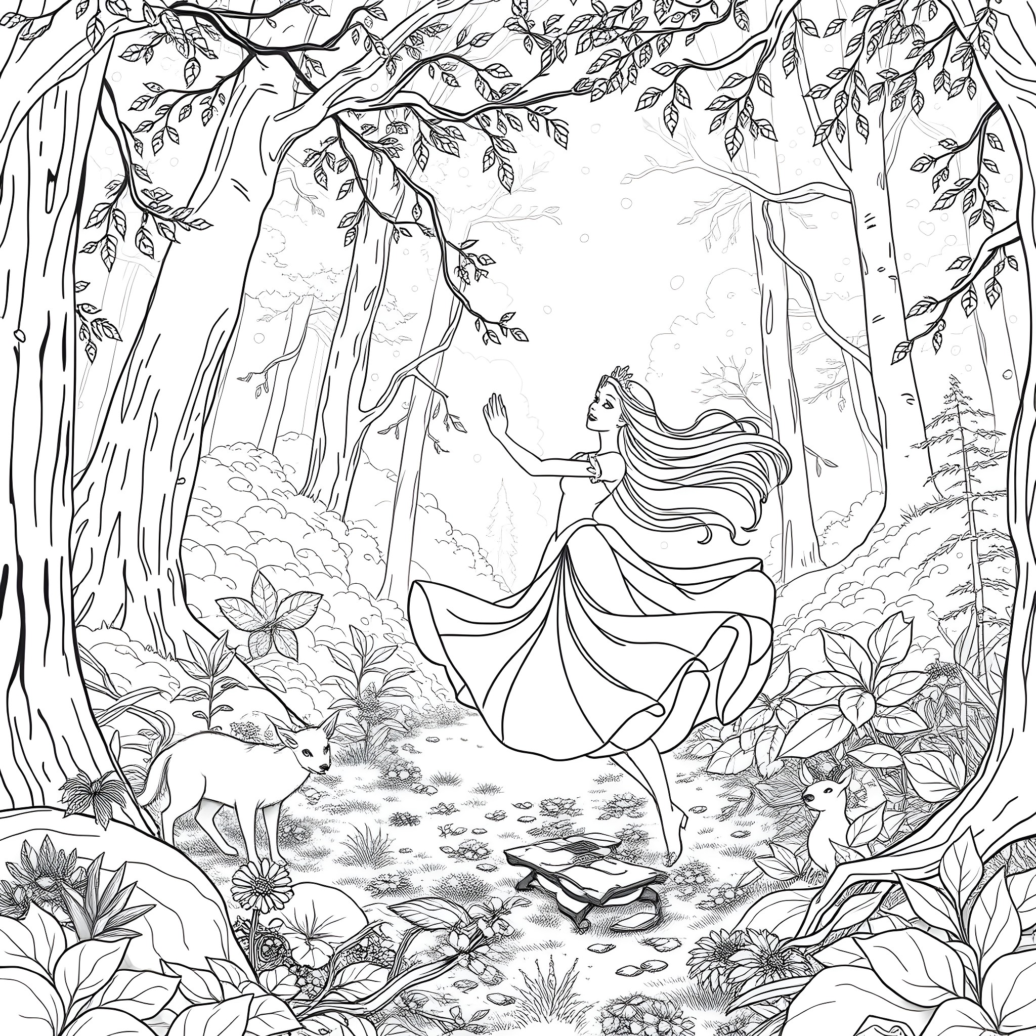 Aurora Dancing Gracefully in the Enchanted Forest Coloring Page (free black-and-white line drawing printable PDF for all, from beginners to advanced learners, including children, teens, adults, and seniors)