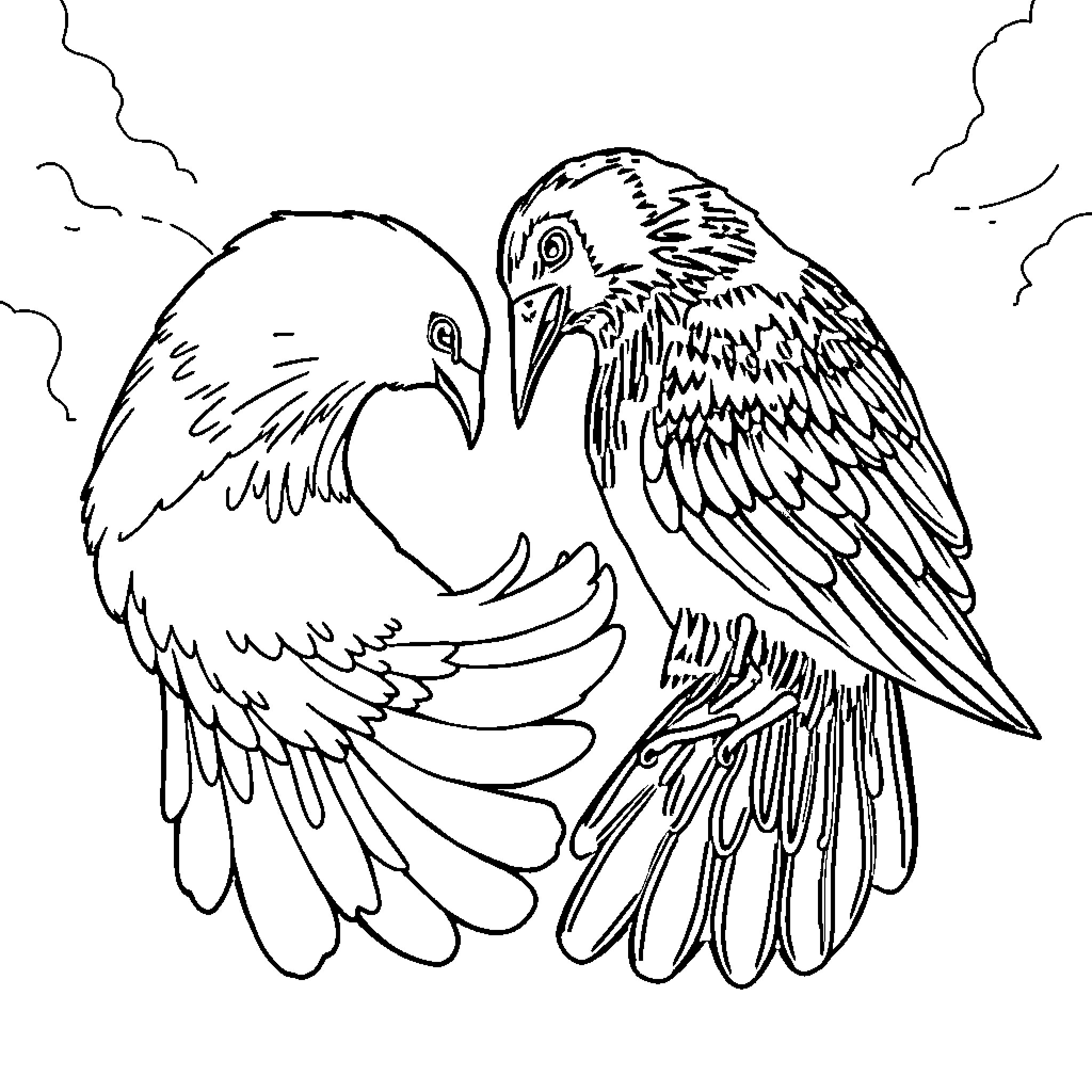 Yin Yang Birds Intertwined in Flight Coloring Page (free black-and-white line drawing printable PDF for all, from beginners to advanced learners, including children, teens, adults, and seniors)
