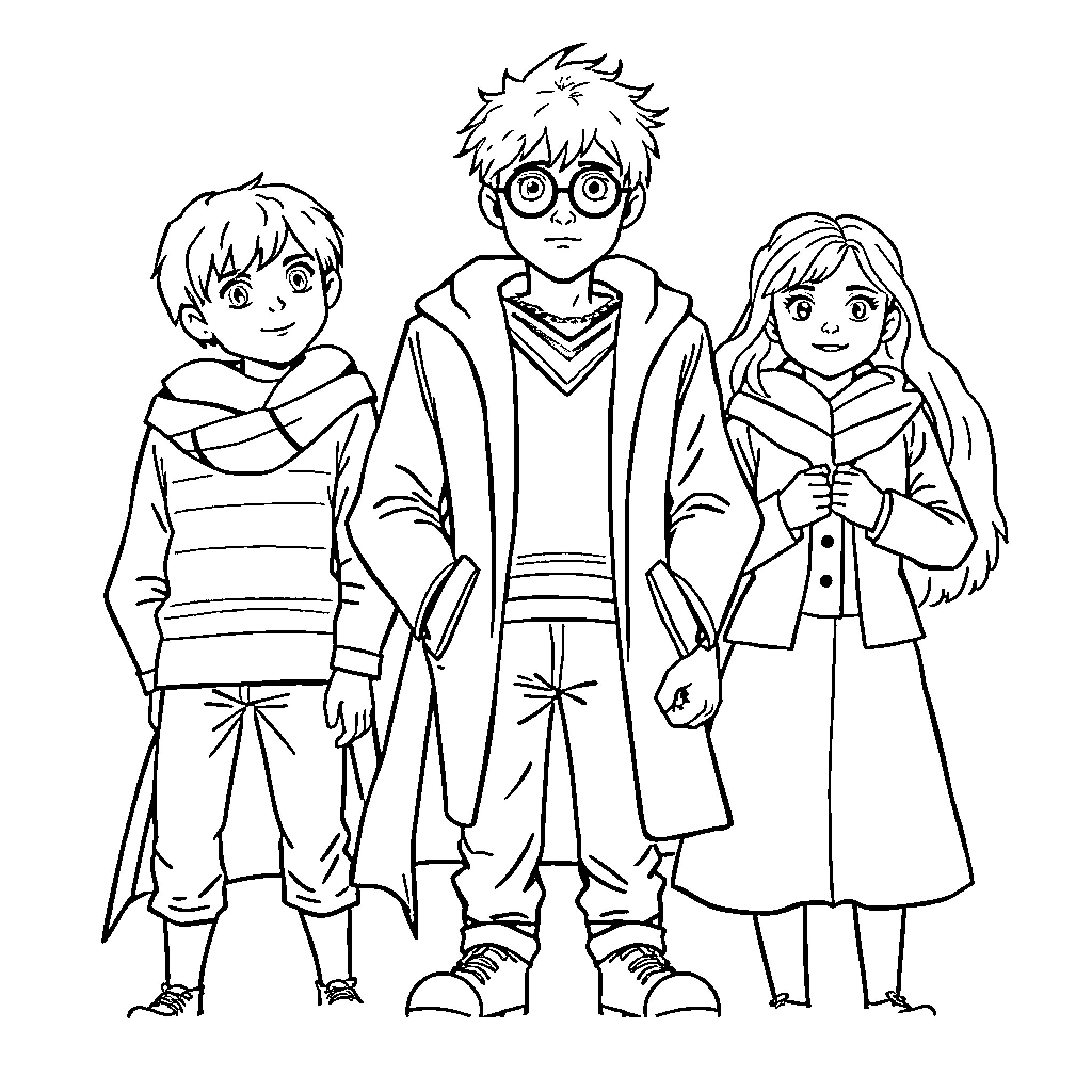 Harry and his friends go on an adventure Coloring Page (free black-and-white line drawing printable PDF for all, from beginners to advanced learners, including children, teens, adults, and seniors)