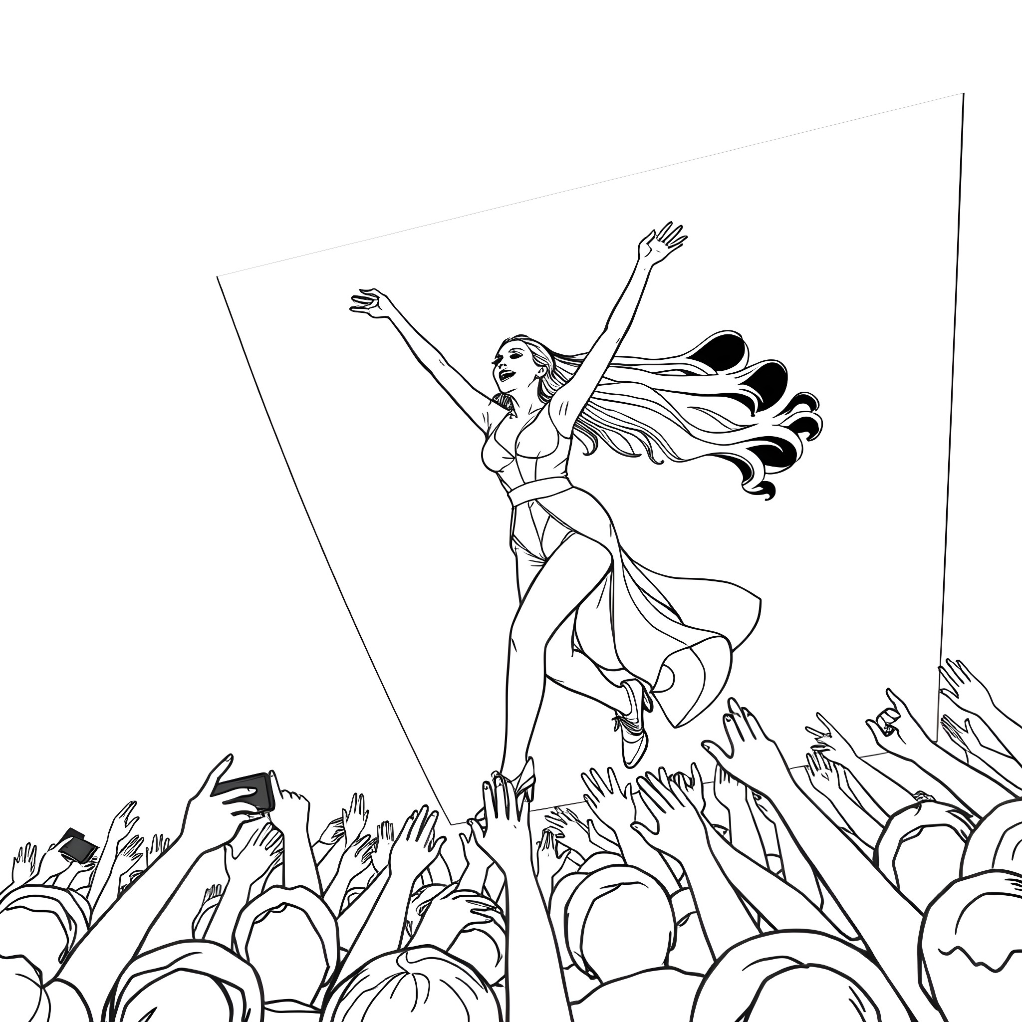 Lady Gaga Electrifies the Crowd with Captivating Performance Coloring Page (free black-and-white line drawing printable PDF for all, from beginners to advanced learners, including children, teens, adults, and seniors)