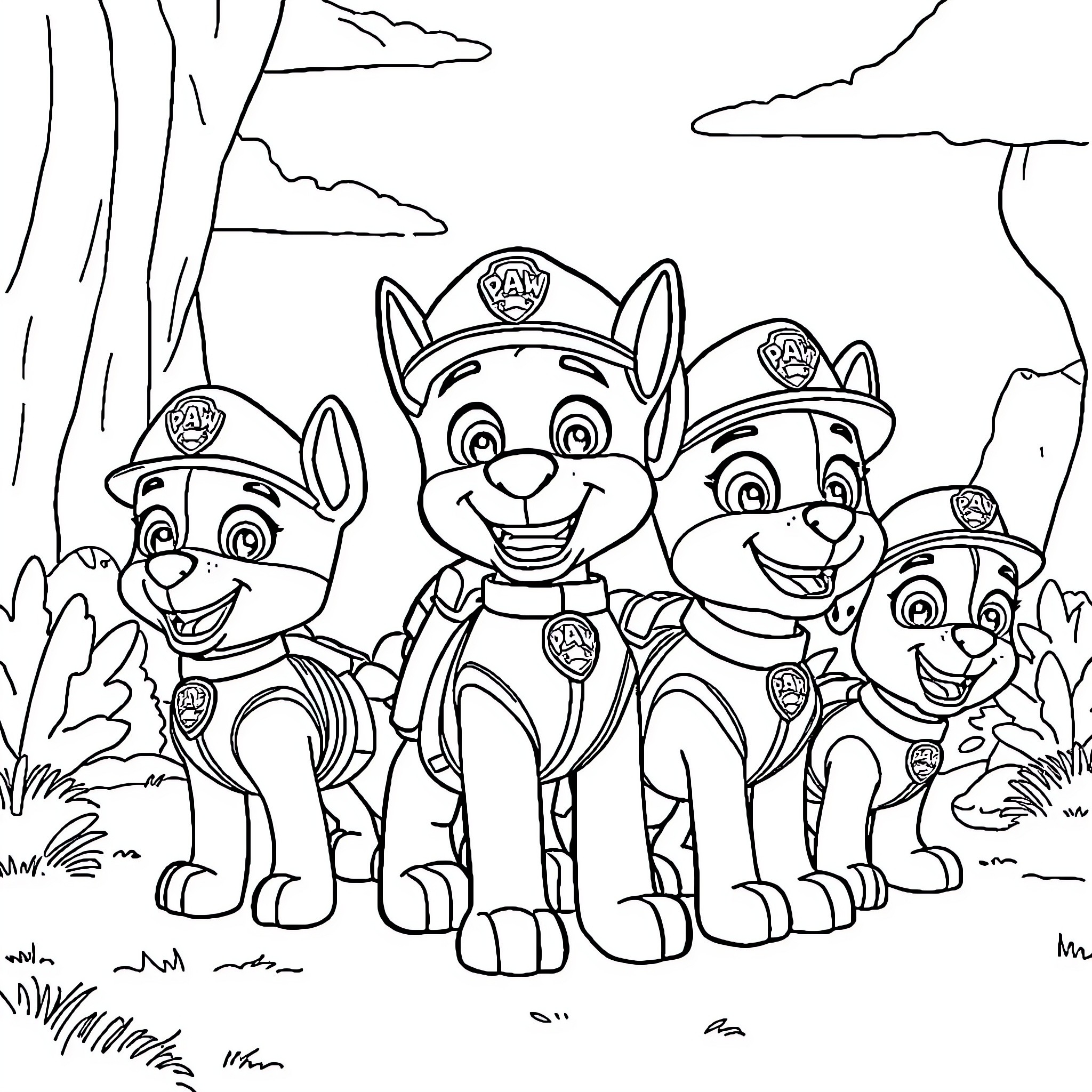 Paw Patrol team on an adventure Coloring Page (free black-and-white line drawing printable PDF for all, from beginners to advanced learners, including children, teens, adults, and seniors)