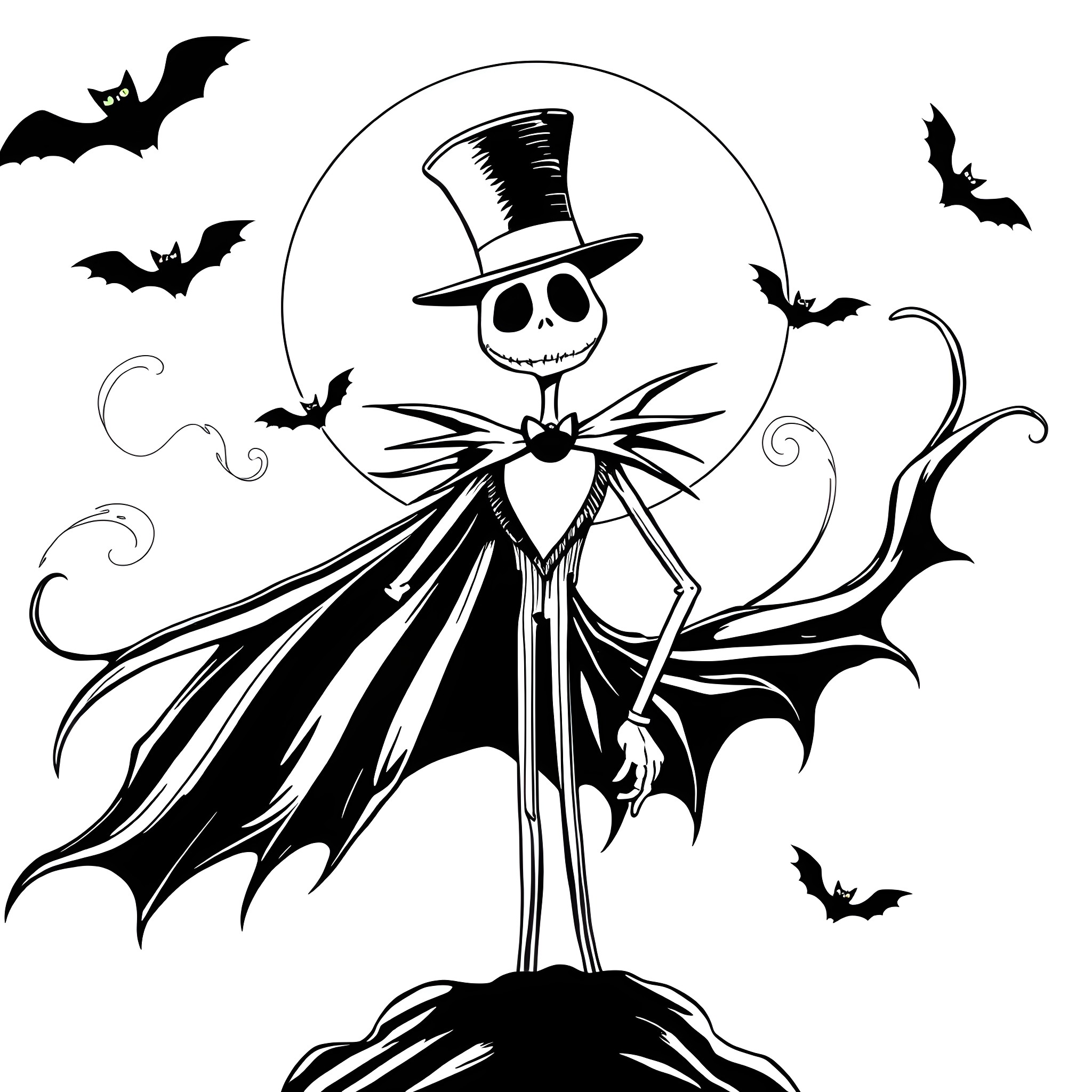 Jack Skeleton's Spooky Halloween Celebration Coloring Page (free black-and-white line drawing printable PDF for all, from beginners to advanced learners, including children, teens, adults, and seniors)