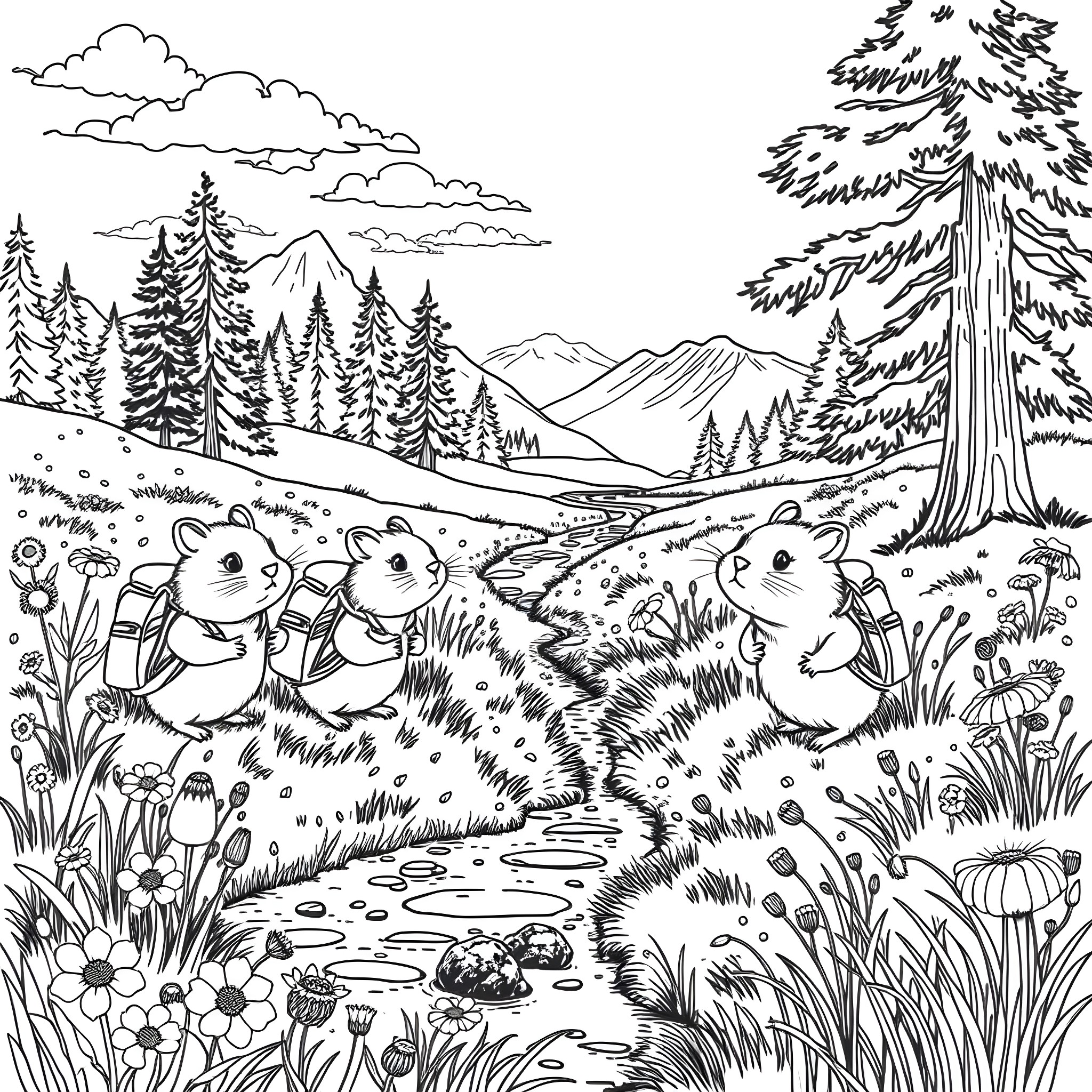 Hamsters exploring the scenic mountain landscape Coloring Page (free black-and-white line drawing printable PDF for all, from beginners to advanced learners, including children, teens, adults, and seniors)