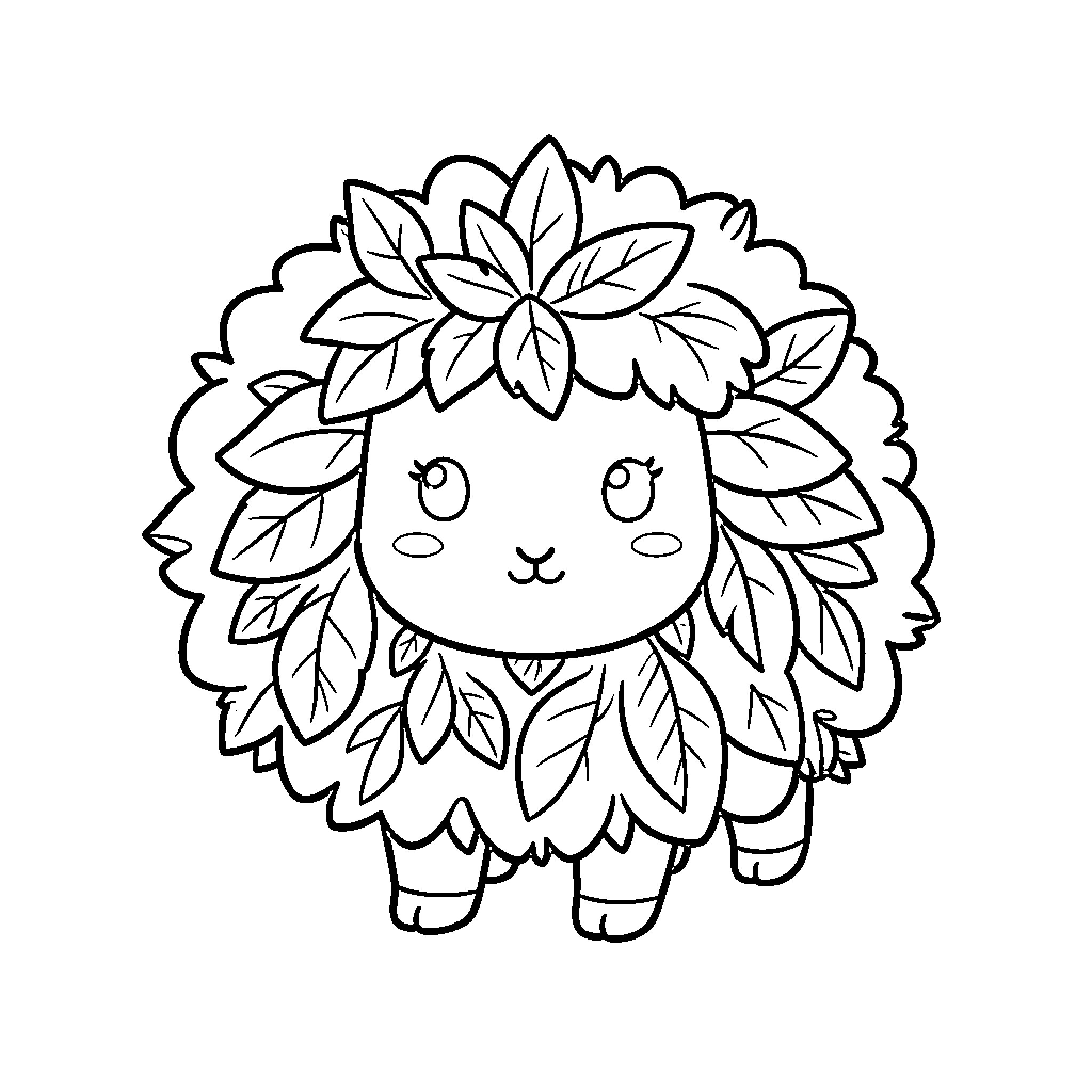 Leaf Sheep with a mane made of foliage Coloring Page (free black-and-white line drawing printable PDF for all, from beginners to advanced learners, including children, teens, adults, and seniors)