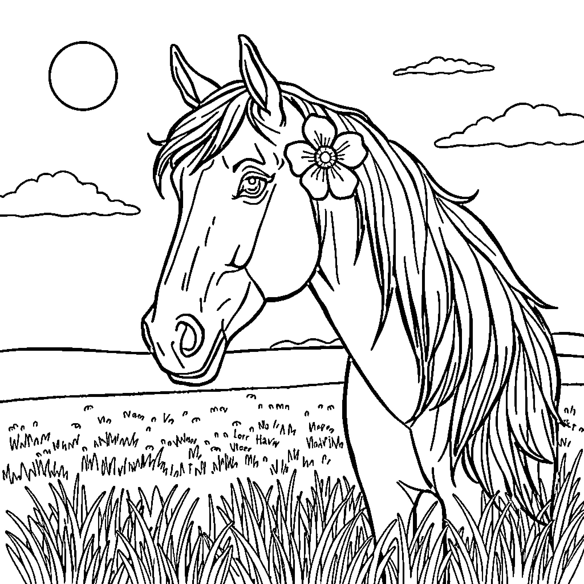 Horse with Flower in Field under Clouds Coloring Page (free black-and-white line drawing printable PDF for all, from beginners to advanced learners, including children, teens, adults, and seniors)
