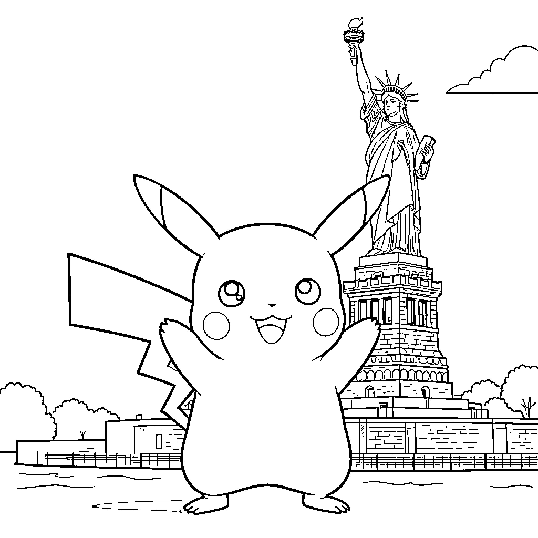 Pikachu enjoying the view of the Statue of Liberty Coloring Page (free black-and-white line drawing printable PDF for all, from beginners to advanced learners, including children, teens, adults, and seniors)