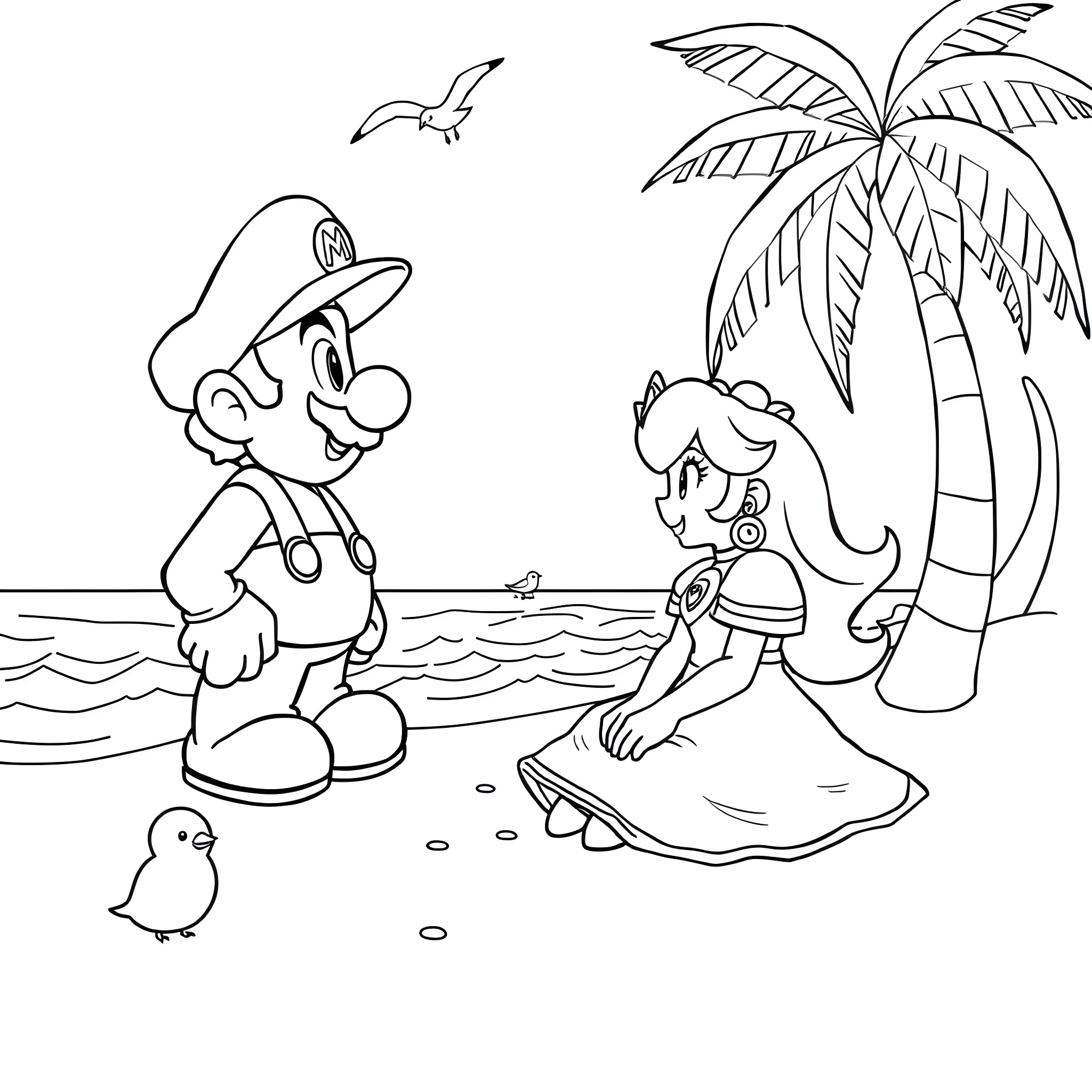 Mario and Peach enjoying a day at the beach Coloring Page (free black-and-white line drawing printable PDF for all, from beginners to advanced learners, including children, teens, adults, and seniors)