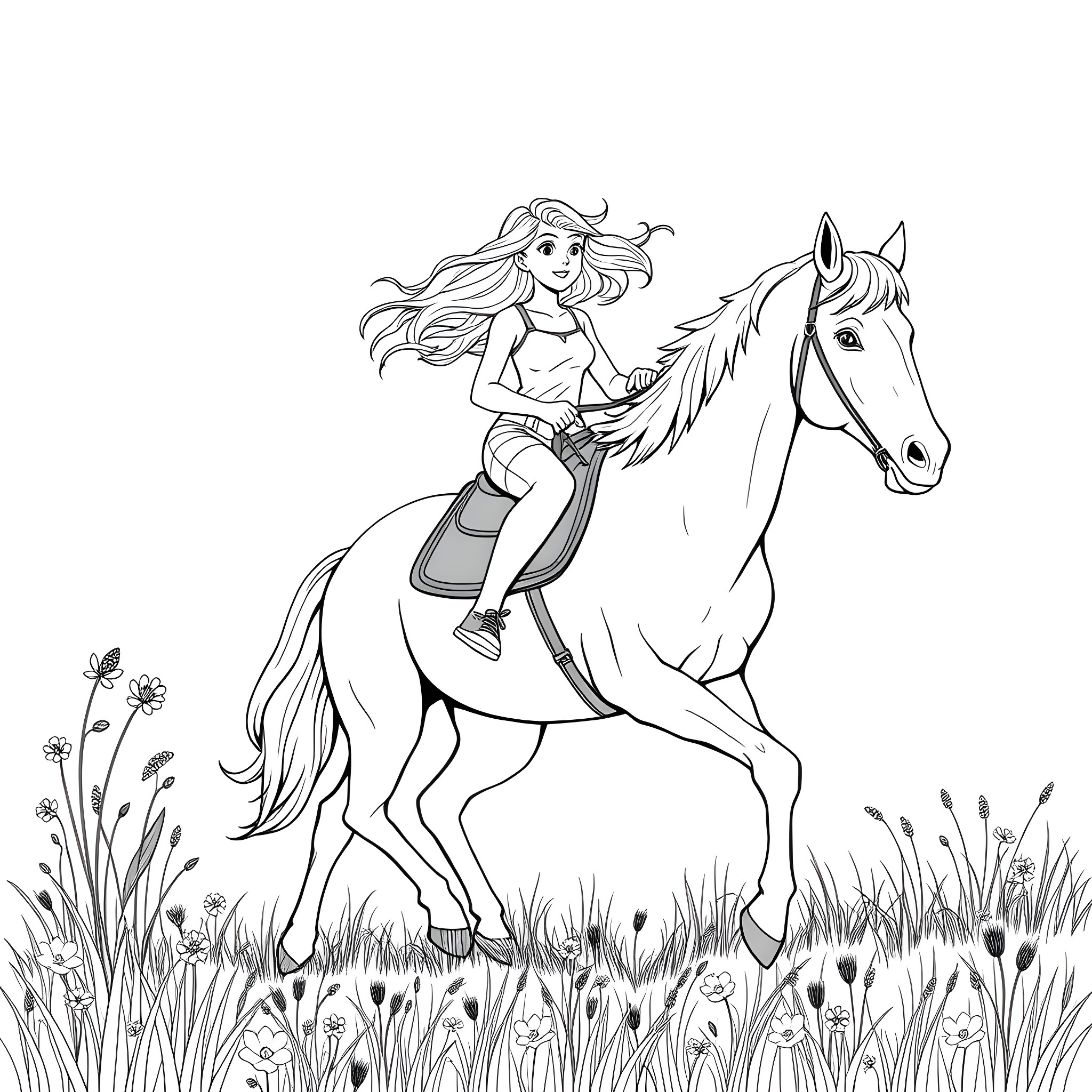 Teen Girl Riding Majestic Horse in Meadow Coloring Page (free black-and-white line drawing printable PDF for all, from beginners to advanced learners, including children, teens, adults, and seniors)