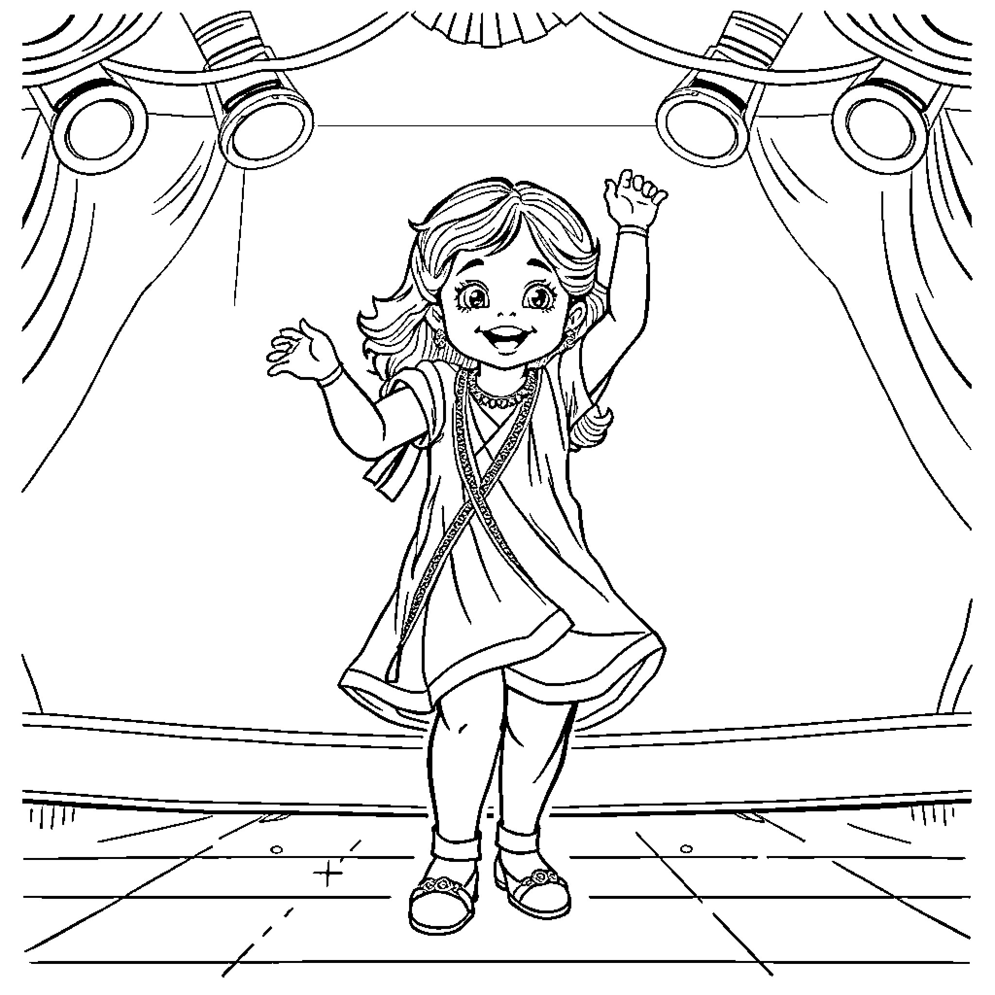 Girl joyfully performing on stage Coloring Page (free black-and-white line drawing printable PDF for all, from beginners to advanced learners, including children, teens, adults, and seniors)