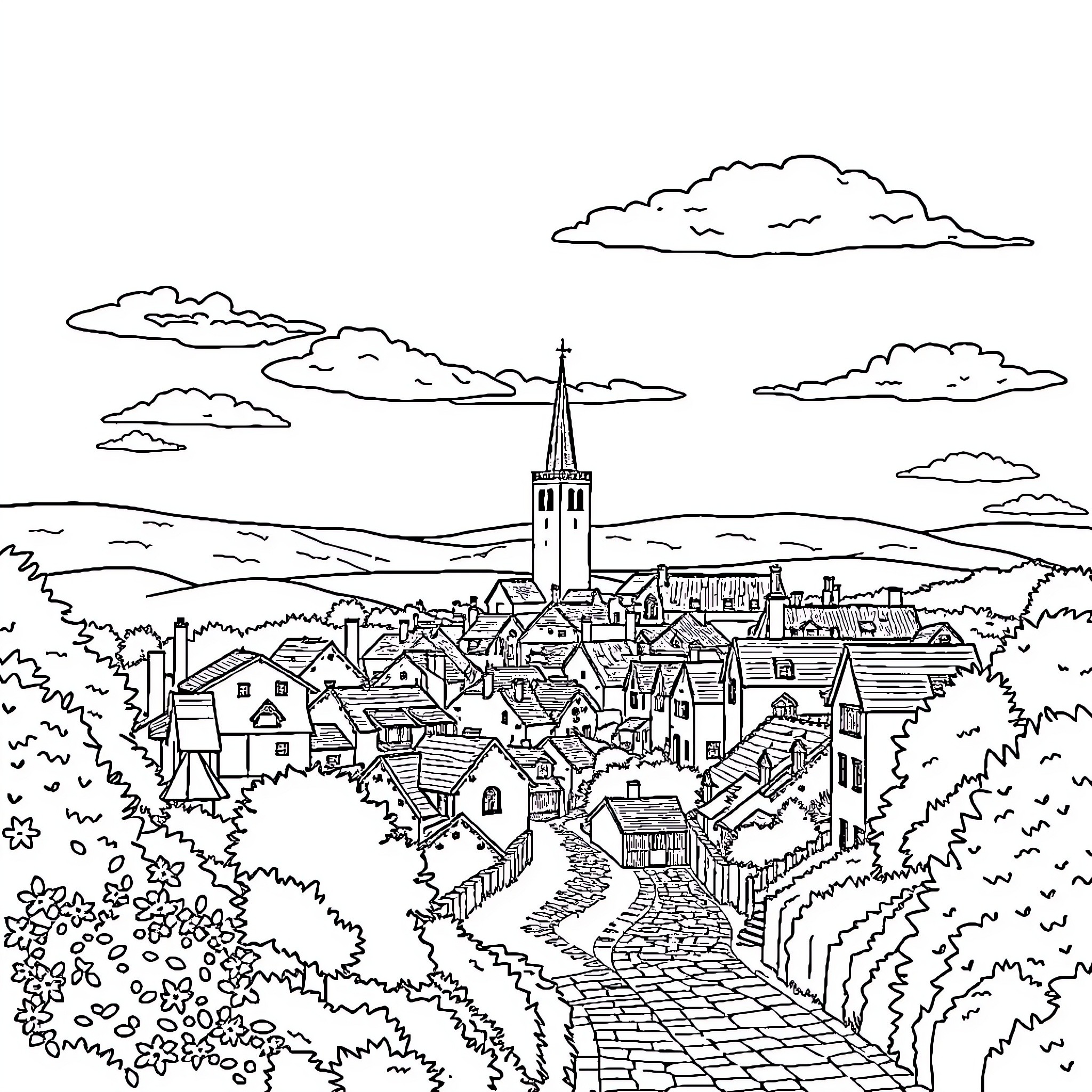 England town with church spire and cottages Coloring Page (free black-and-white line drawing printable PDF for all, from beginners to advanced learners, including children, teens, adults, and seniors)