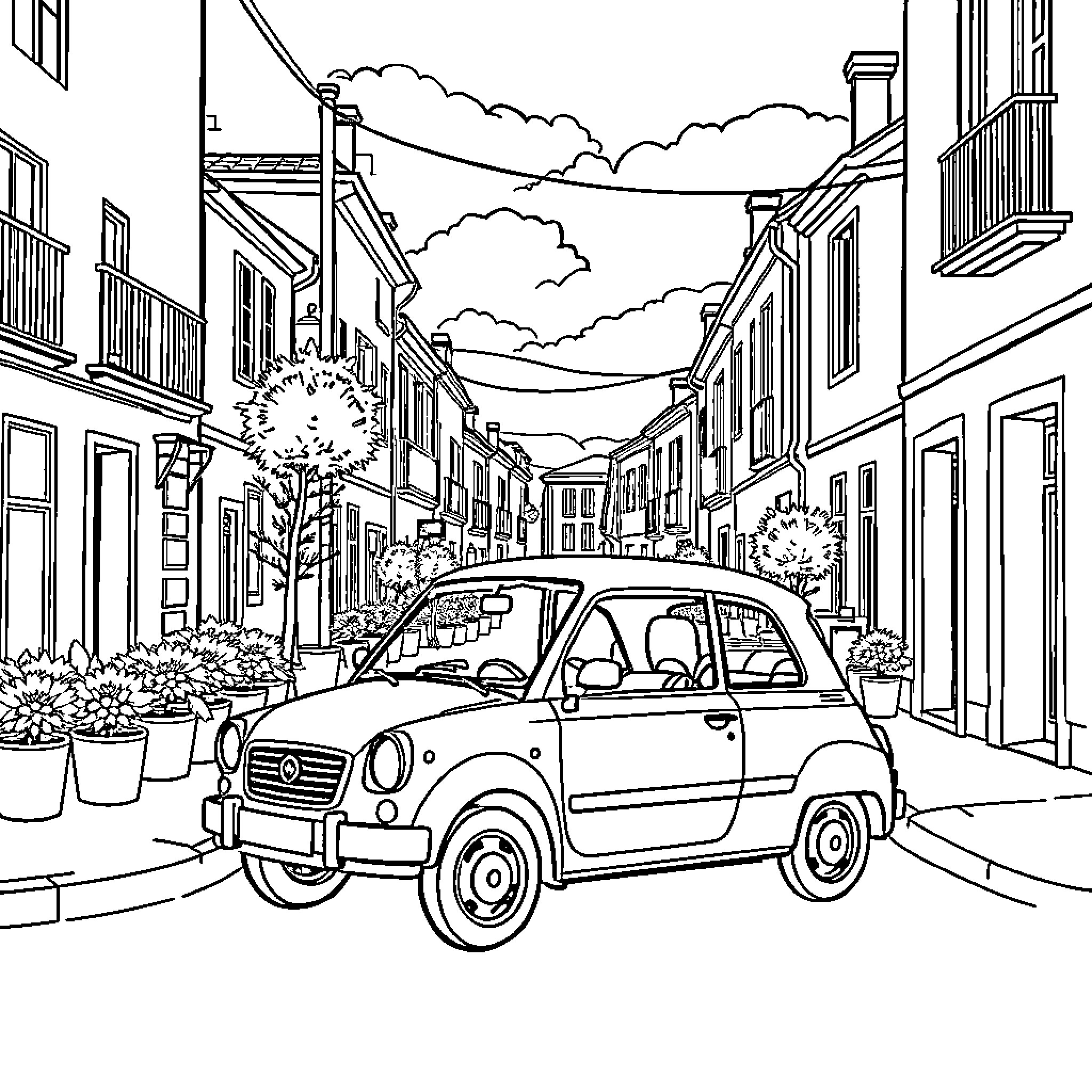 Car on a scenic European town street Coloring Page (free black-and-white line drawing printable PDF for all, from beginners to advanced learners, including children, teens, adults, and seniors)