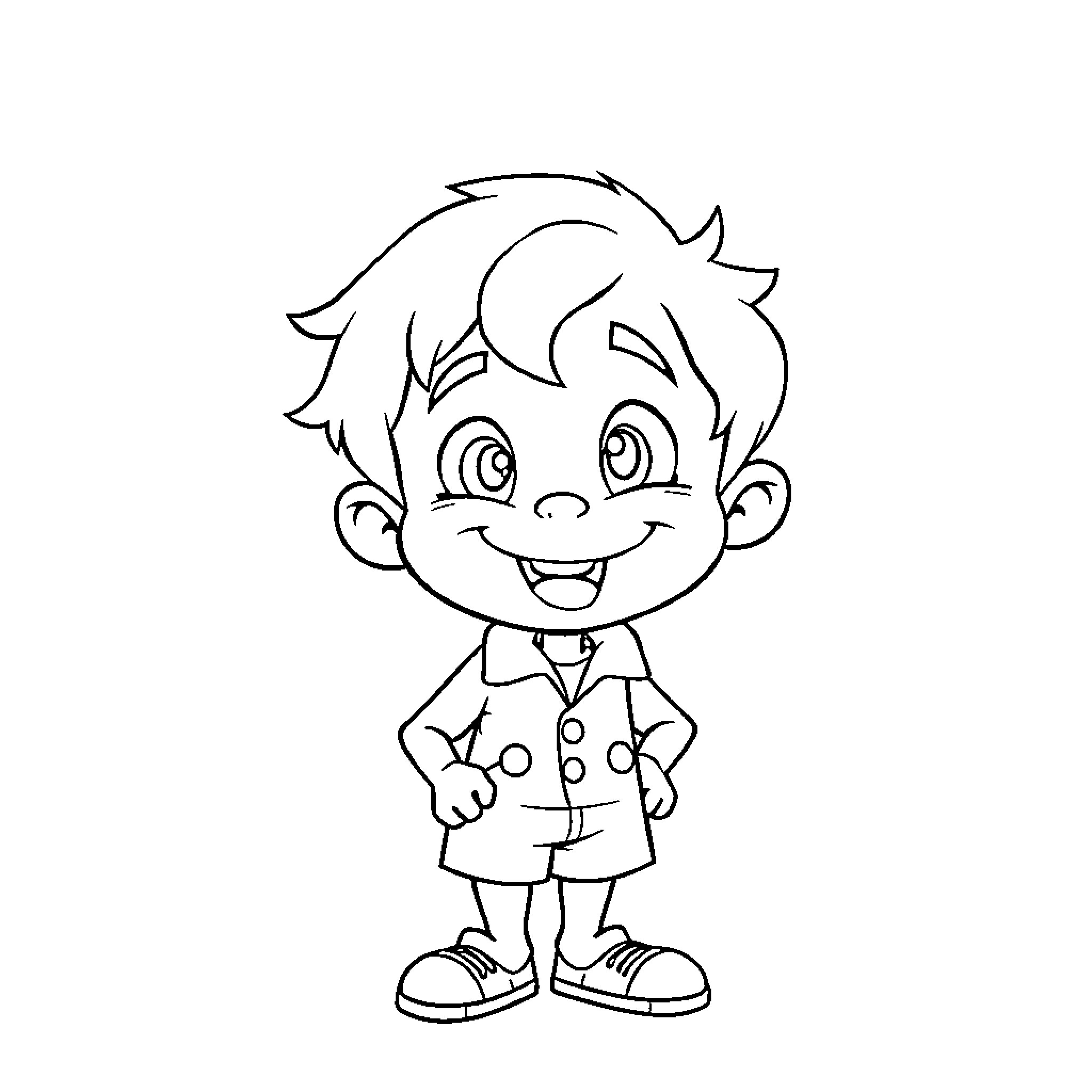 Sam's Happy Smile in Polka Dot Outfit Coloring Page (free black-and-white line drawing printable PDF for all, from beginners to advanced learners, including children, teens, adults, and seniors)